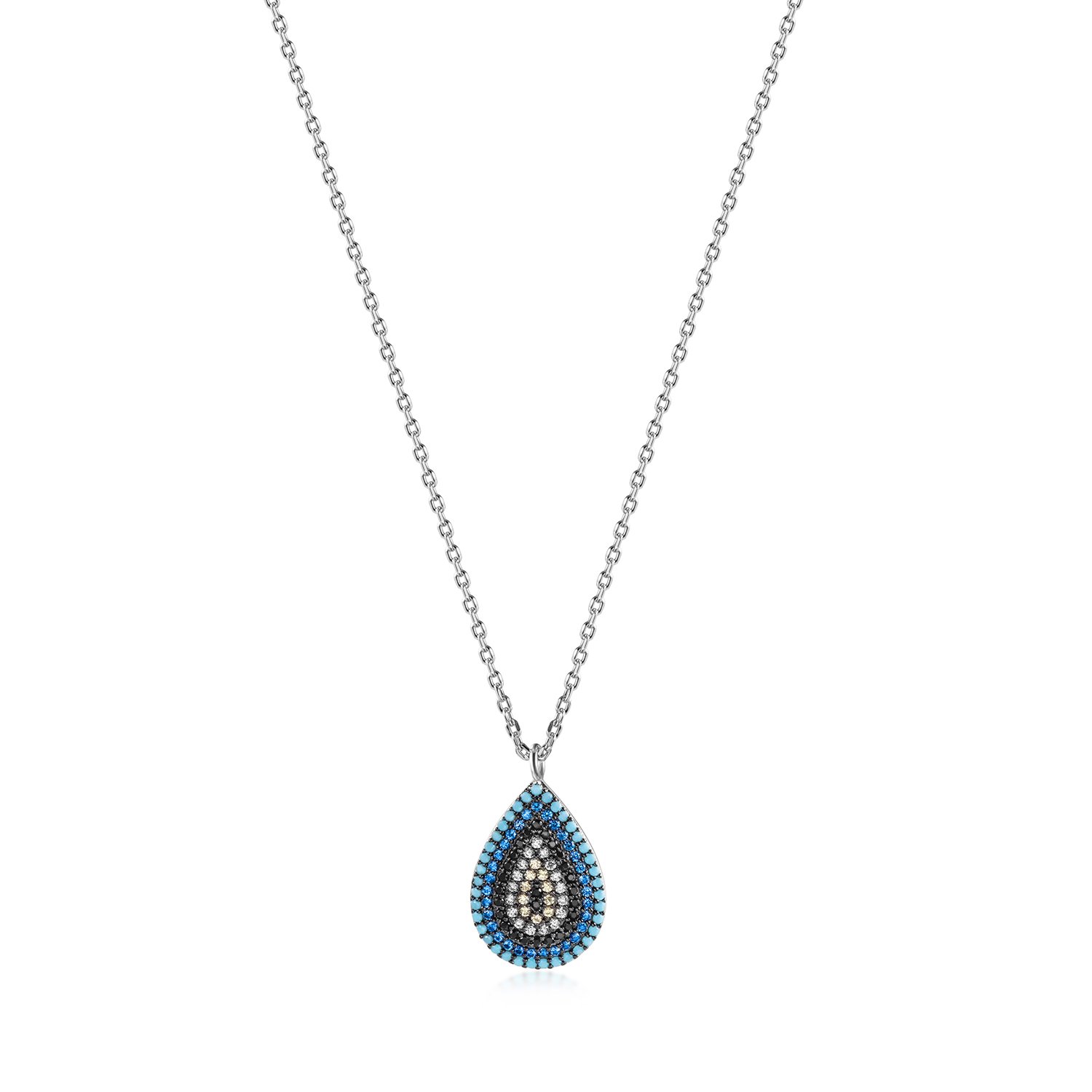 Sterling silver oval evil eye necklace featuring Nano Turquoise and zircon stones, elegantly designed for spiritual protection.