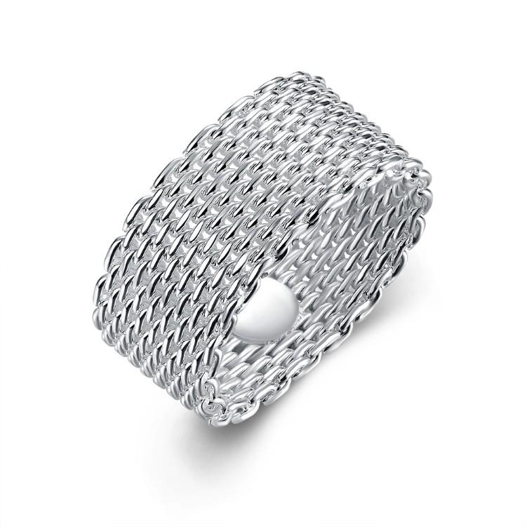 Sterling Silver Plated Woven Mesh Ring with intricate design, showcasing white gold plating and 8 mm band width.