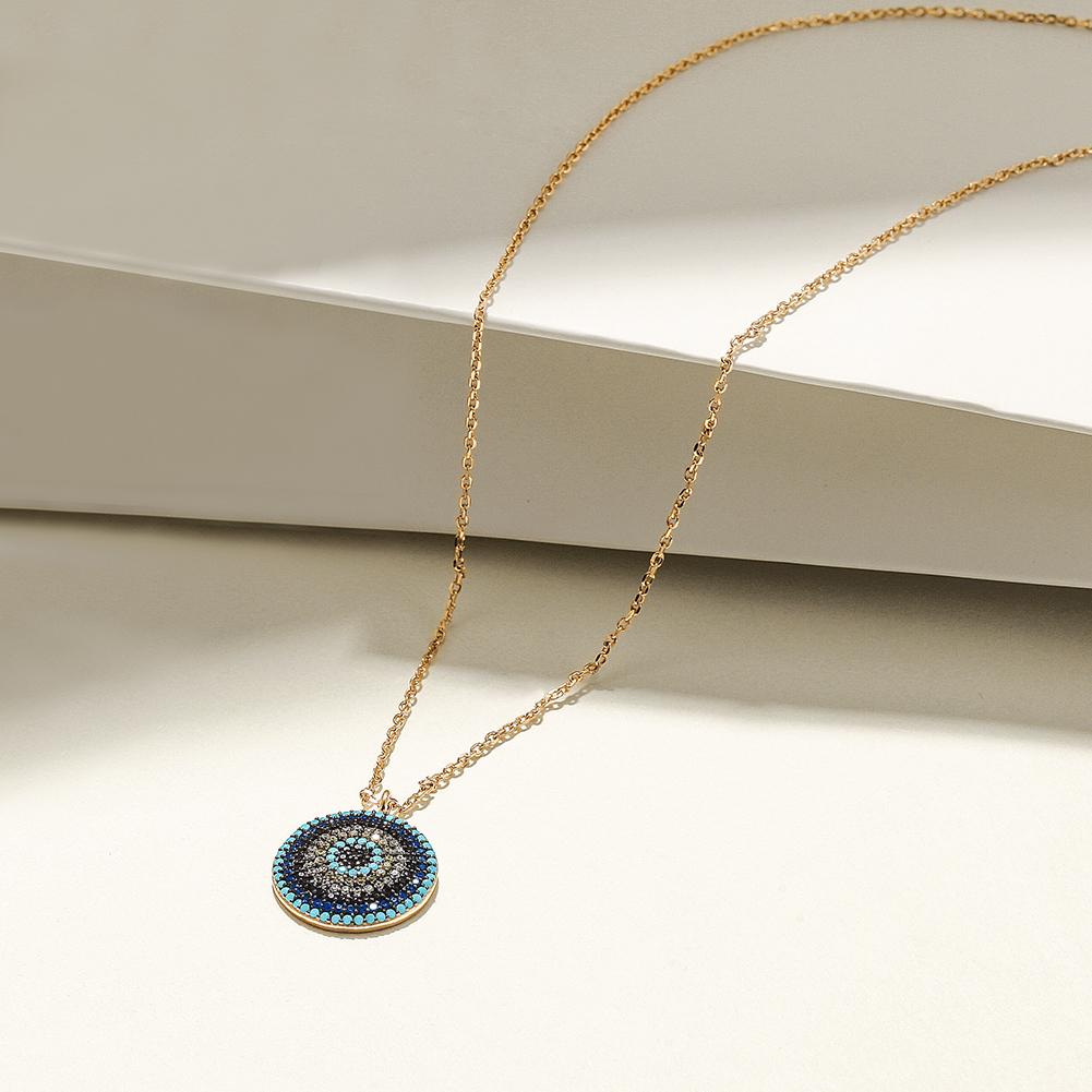 Sterling silver round evil eye necklace featuring Nano Turquoise and 5A grade Zircon stones, elegantly designed for spiritual protection.