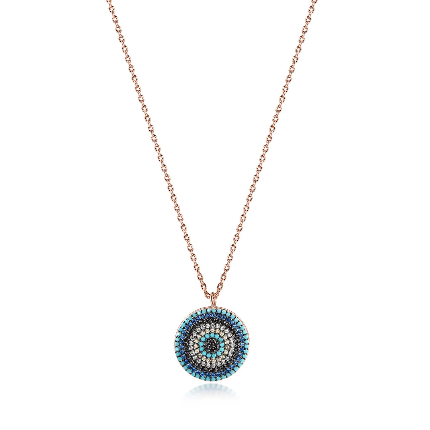 Sterling silver round evil eye necklace featuring Nano Turquoise and 5A grade Zircon stones, elegantly designed for spiritual protection.