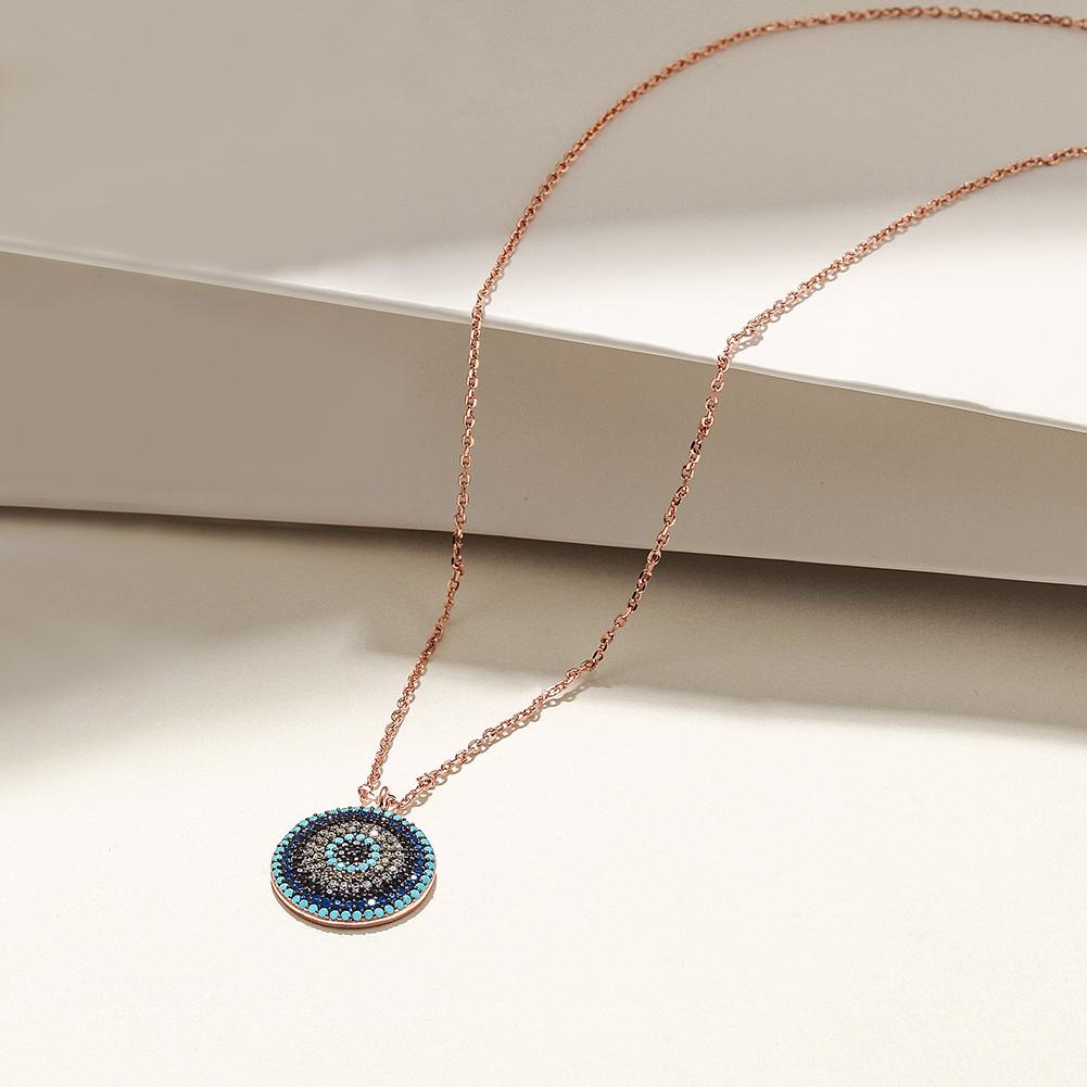 Sterling silver round evil eye necklace featuring Nano Turquoise and 5A grade Zircon stones, elegantly designed for spiritual protection.