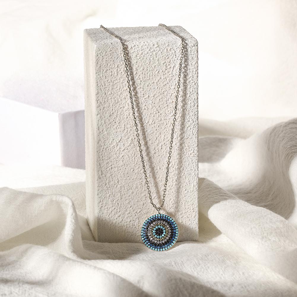 Sterling silver round evil eye necklace featuring Nano Turquoise and 5A grade Zircon stones, elegantly designed for spiritual protection.