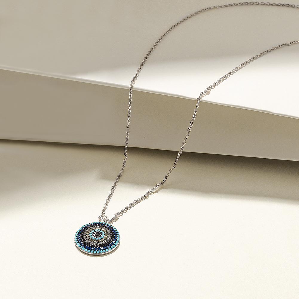 Sterling silver round evil eye necklace featuring Nano Turquoise and 5A grade Zircon stones, elegantly designed for spiritual protection.