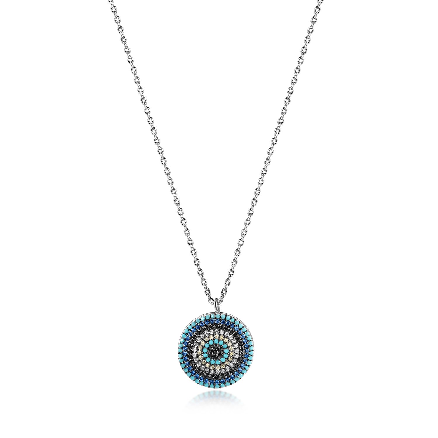 Sterling silver round evil eye necklace featuring Nano Turquoise and 5A grade Zircon stones, elegantly designed for spiritual protection.