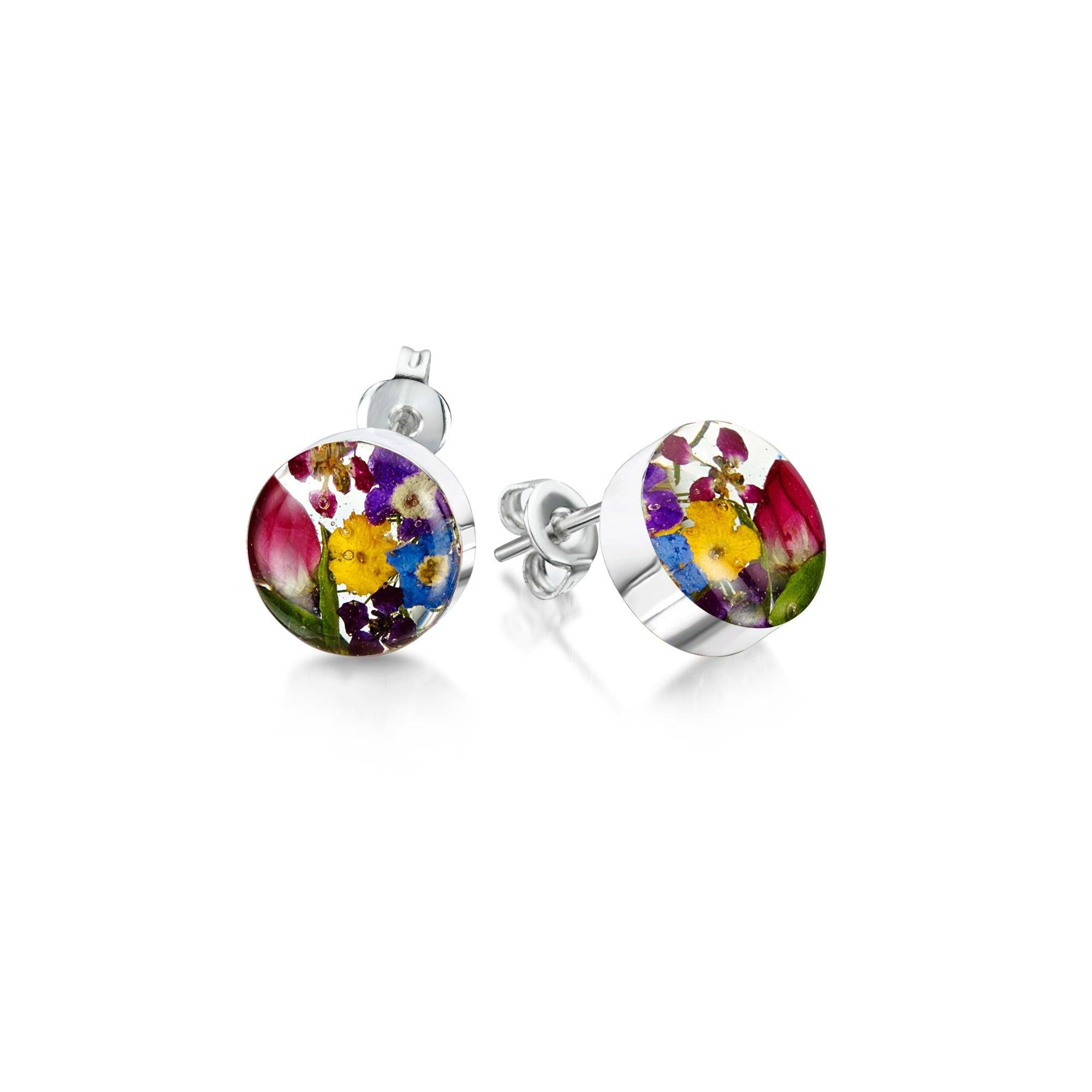 Sterling Silver Round Stud Earrings featuring real flowers, elegantly displayed in a stylish gift box.