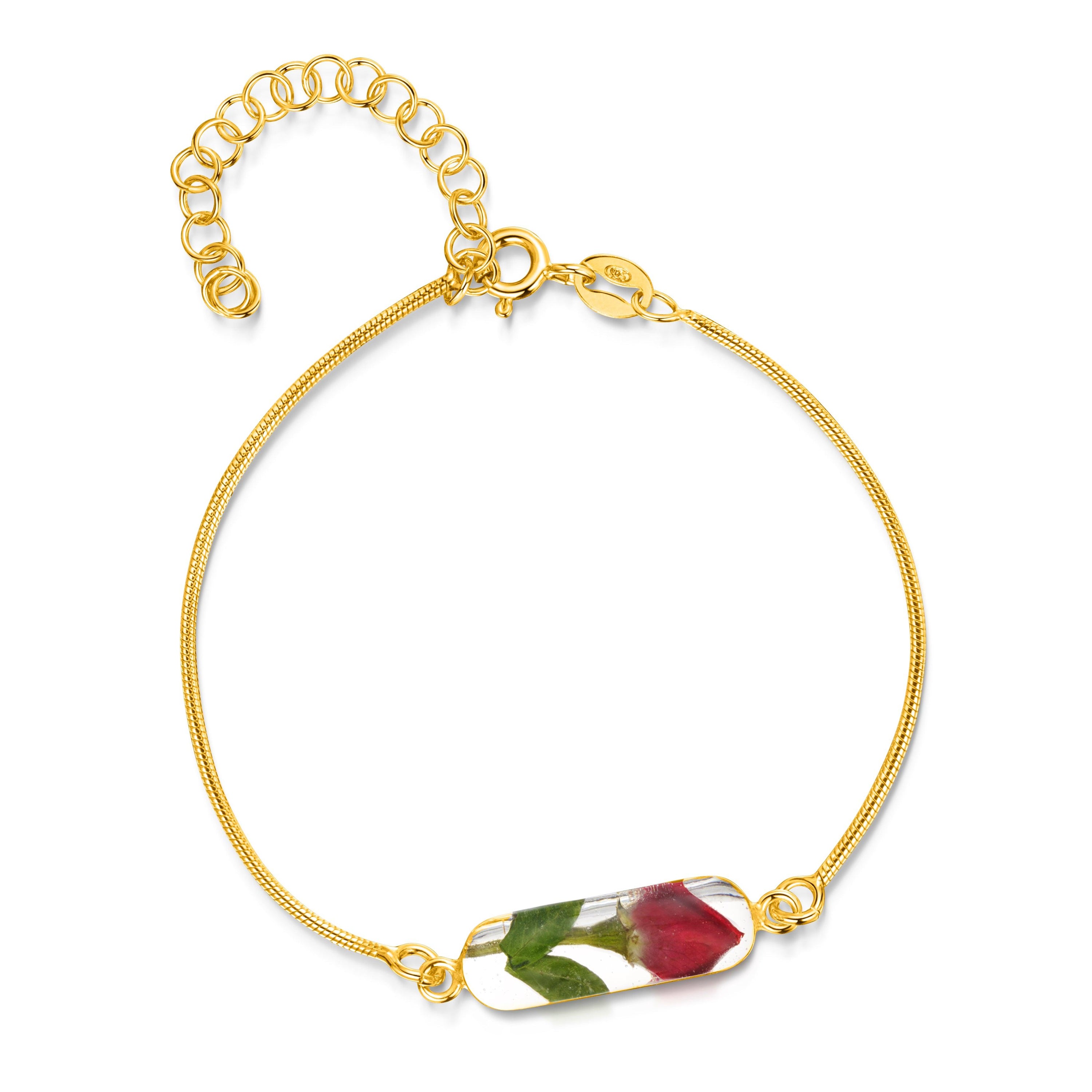 Sterling silver snake chain bracelet featuring a delicate rose bud charm, elegantly displayed in a gift box.