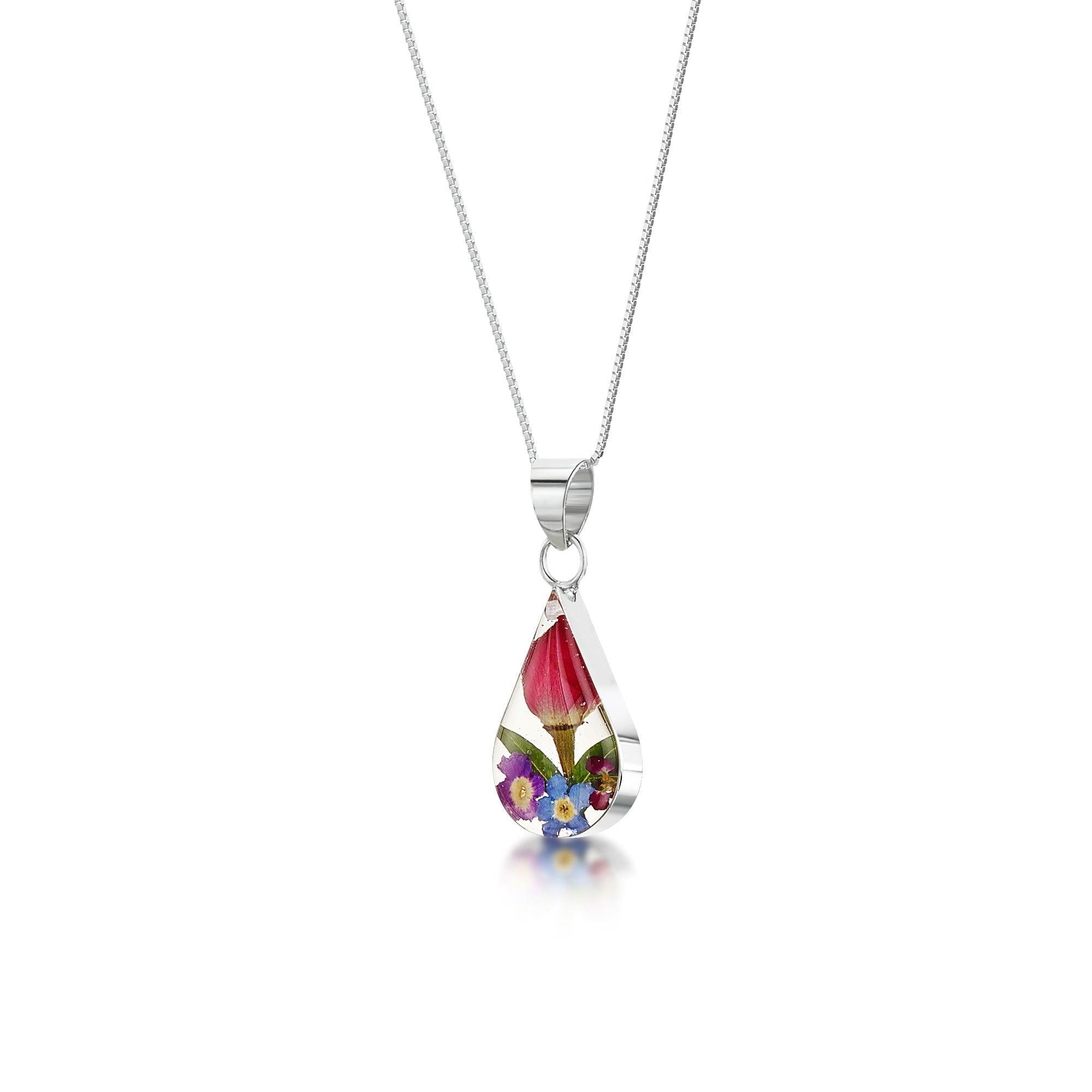 Sterling Silver Teardrop Necklace featuring real flowers, handmade by Shrieking Violet, displayed elegantly in a gift box.