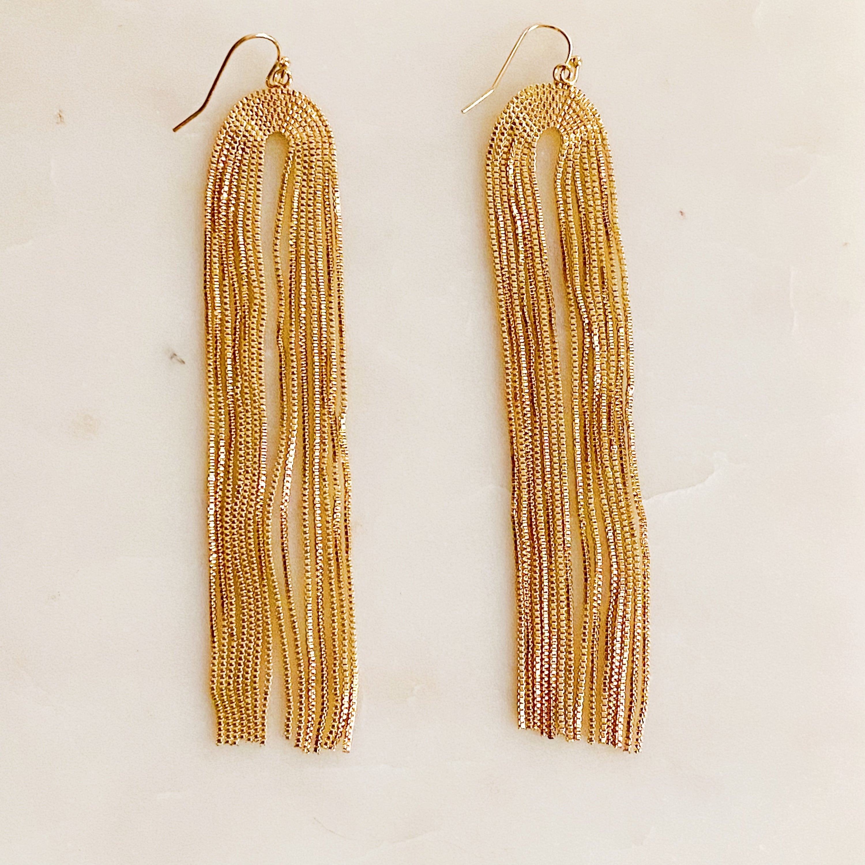 Stylish Strands Of Chain Drop Earrings featuring slim box chains in a modern design, perfect for any occasion.