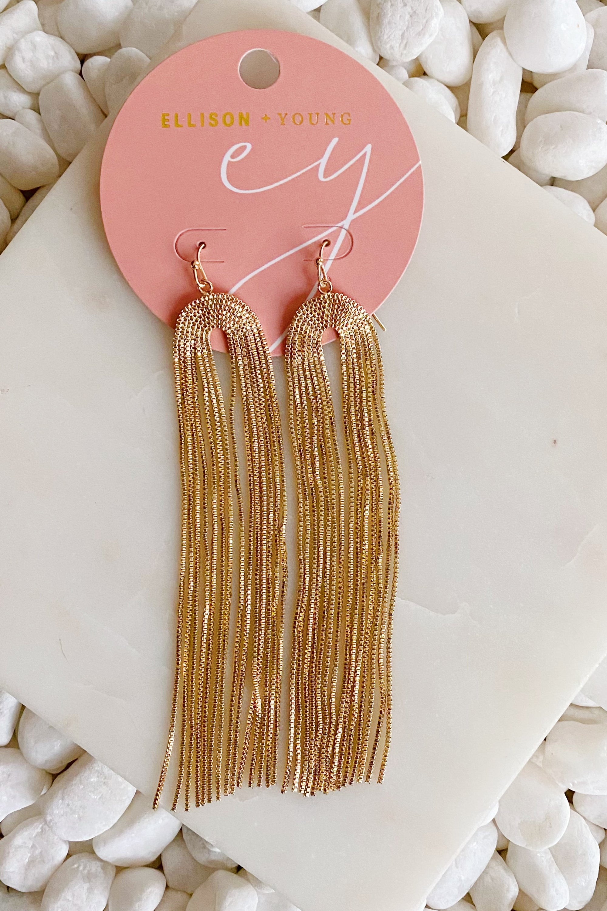 Stylish Strands Of Chain Drop Earrings featuring slim box chains in a modern design, perfect for any occasion.