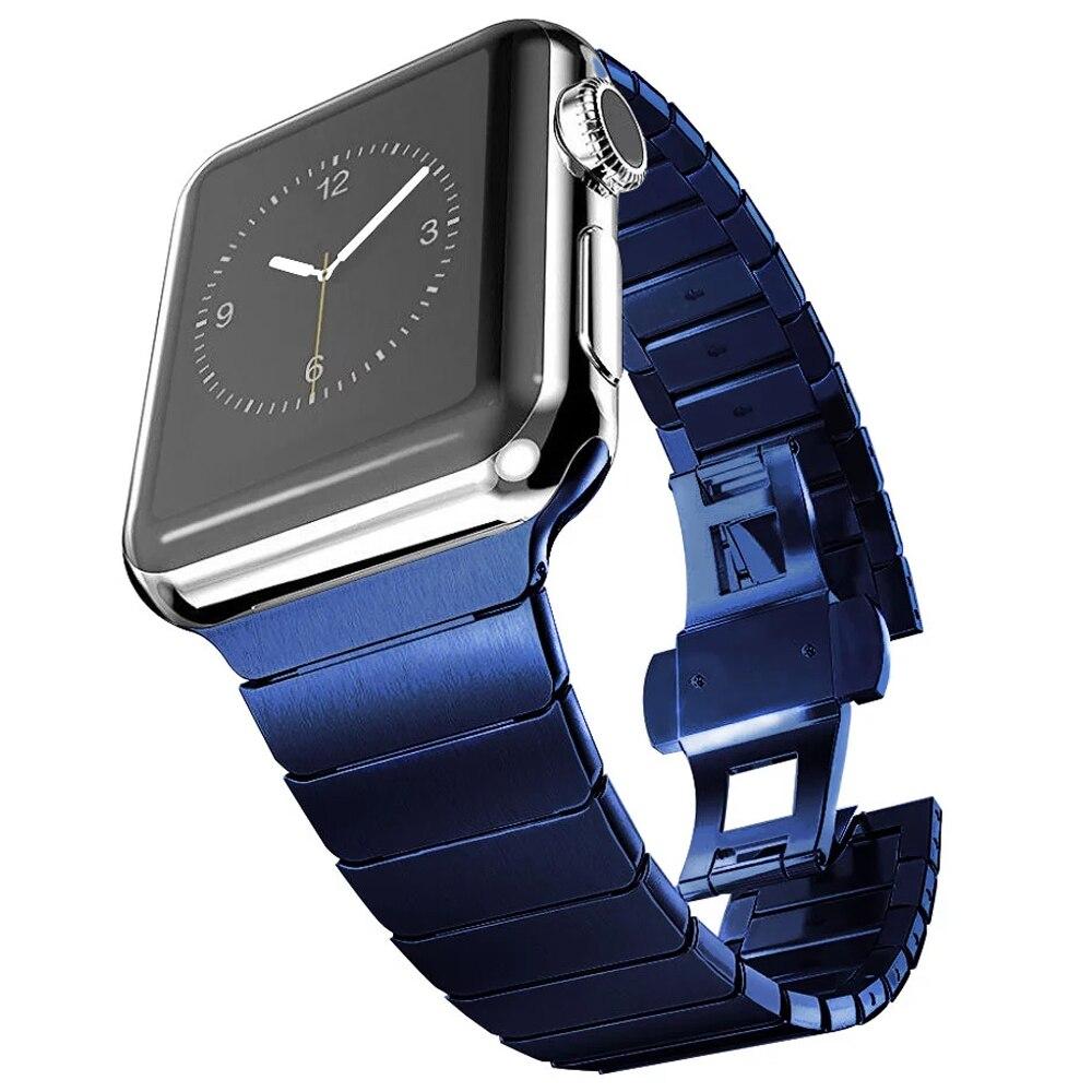 Stainless steel strap for Apple Watch in various colors, showcasing its elegant design and butterfly buckle clasp.