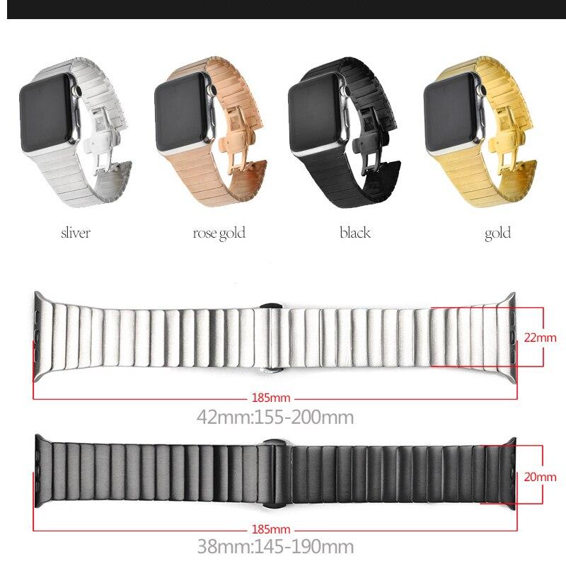 Stainless steel strap for Apple Watch in various colors, showcasing its elegant design and butterfly buckle clasp.
