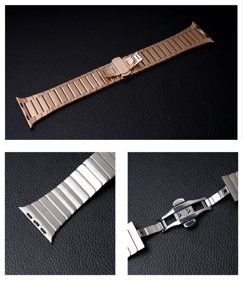 Stainless steel strap for Apple Watch in various colors, showcasing its elegant design and butterfly buckle clasp.