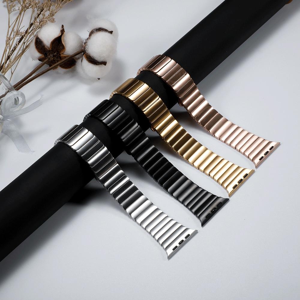 Stainless steel strap for Apple Watch in various colors, showcasing its elegant design and butterfly buckle clasp.