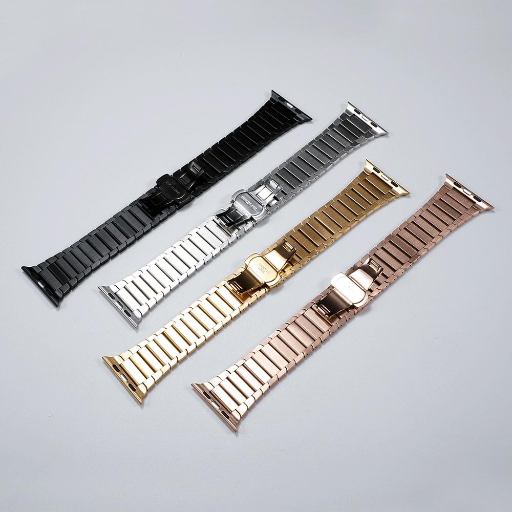 Stainless steel strap for Apple Watch in various colors, showcasing its elegant design and butterfly buckle clasp.