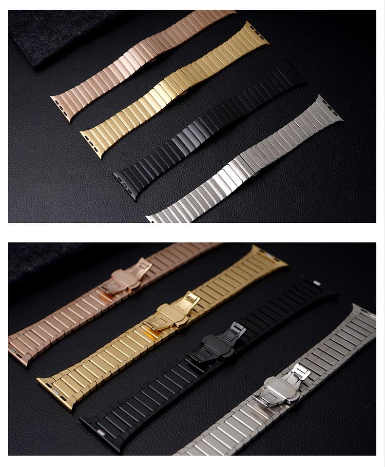 Stainless steel strap for Apple Watch in various colors, showcasing its elegant design and butterfly buckle clasp.