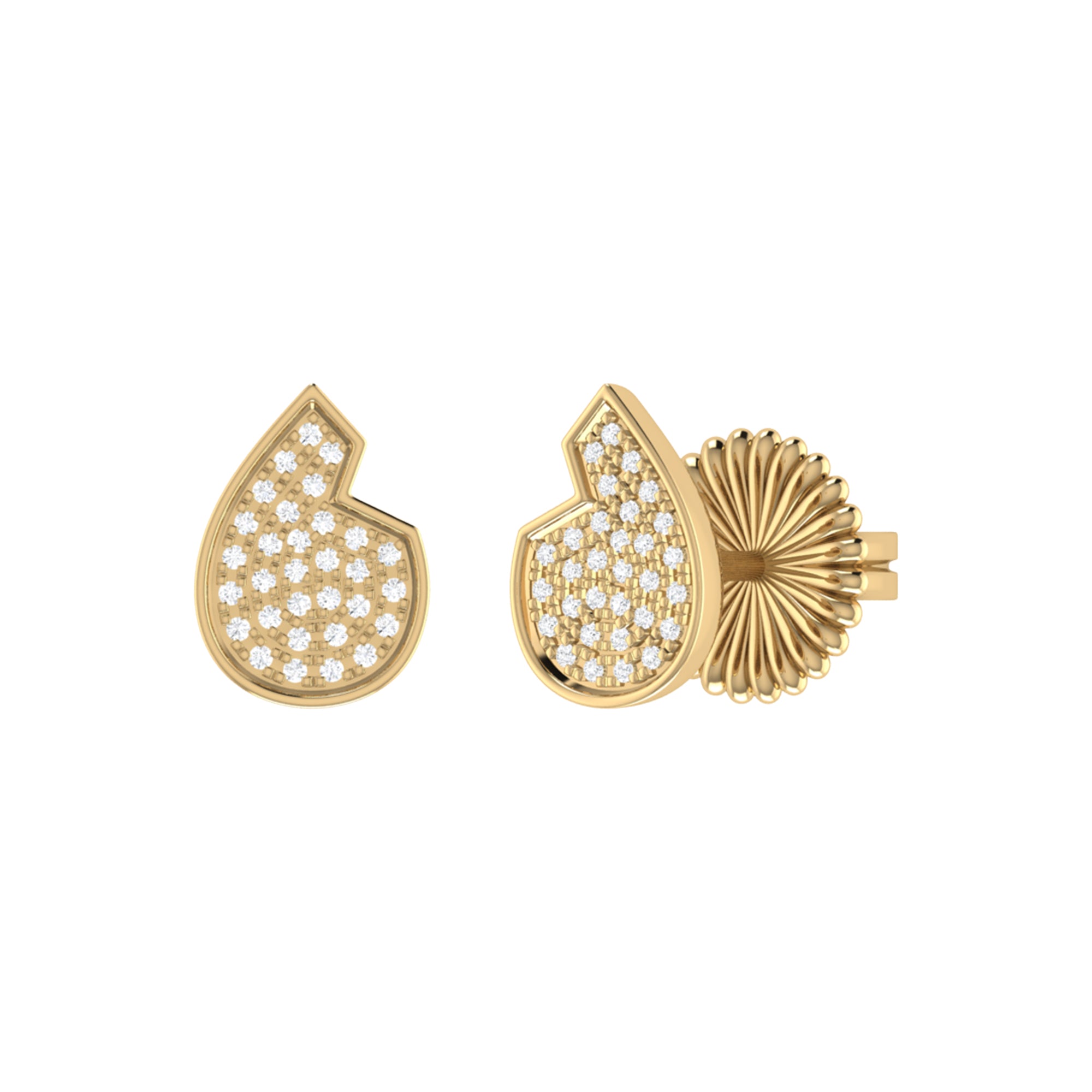 Elegant teardrop diamond stud earrings in 14K yellow gold, showcasing a micro pave setting with genuine diamonds.