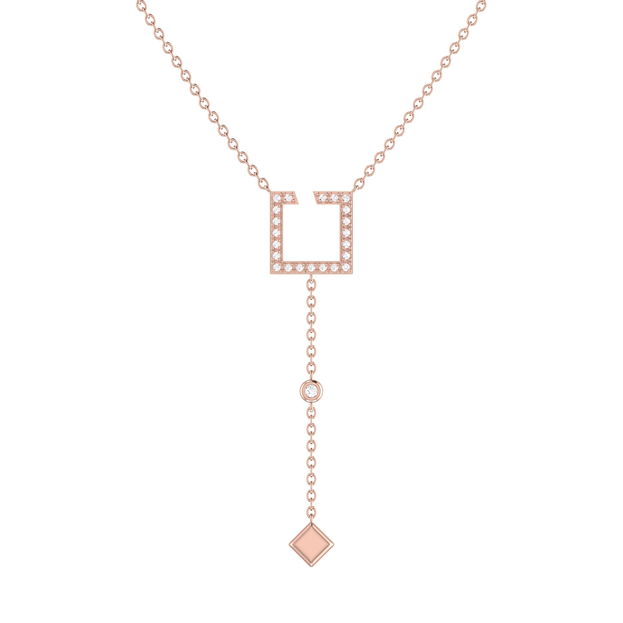 Street Light Open Square Bolo Adjustable Diamond Lariat Necklace in 925 Sterling Silver with 14K Rose Gold Vermeil and genuine diamonds.