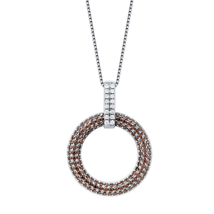 Sterling silver circle necklace with a paw print pendant, featuring pave-set coffee and white cubic zirconia on a cross chain.