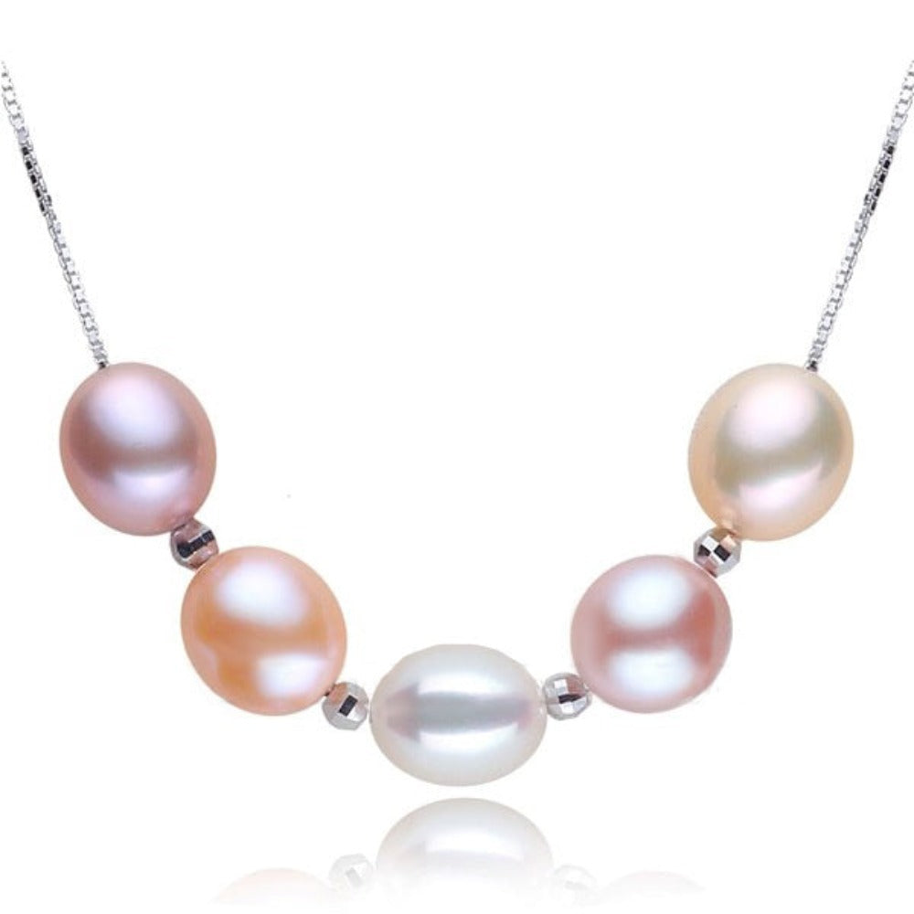 A stunning genuine freshwater pearl beaded necklace featuring pink, purple, white, and multicolored pearls, elegantly displayed on a soft background.