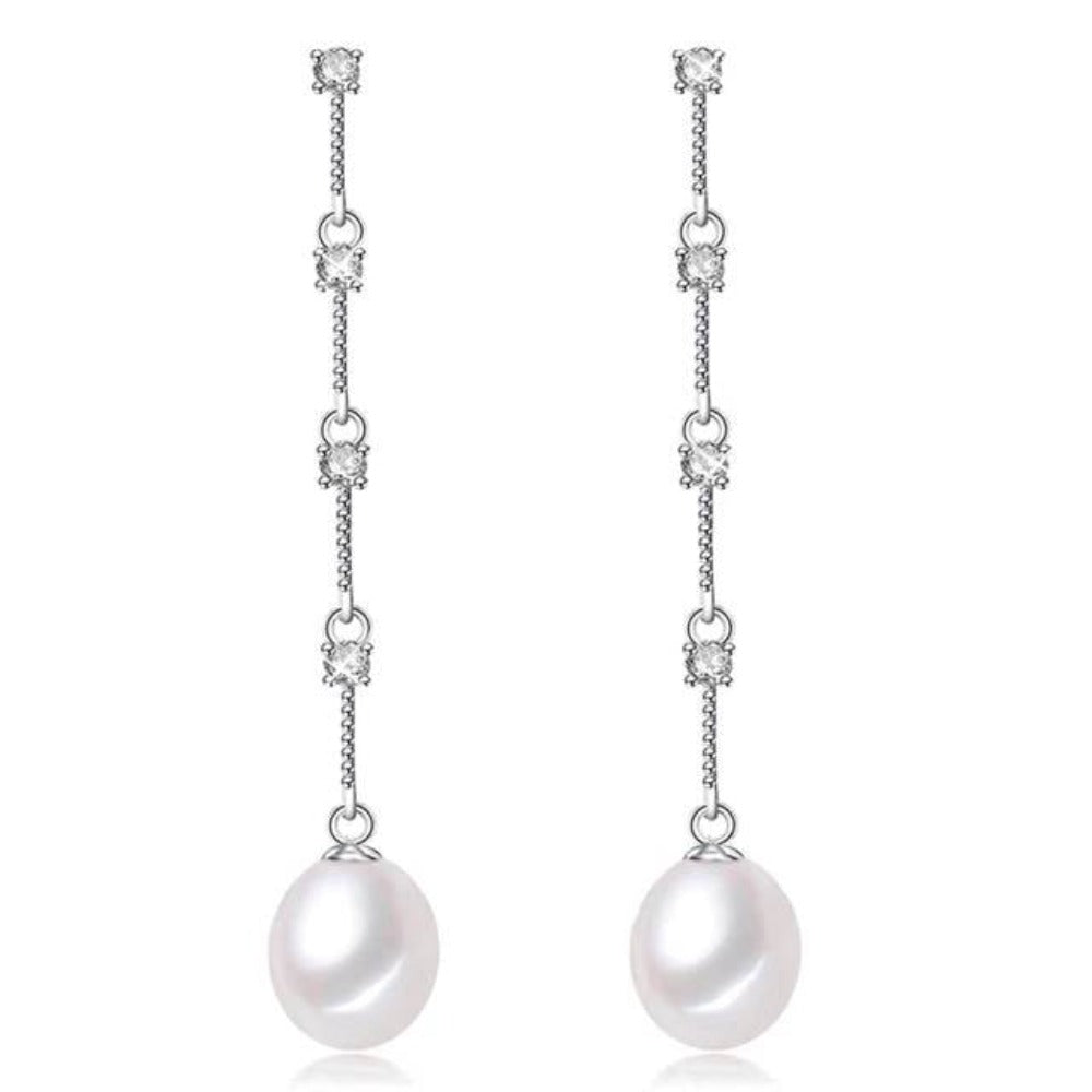 A pair of stunning dangle earrings featuring simulated diamonds and genuine freshwater pearls in various colors.