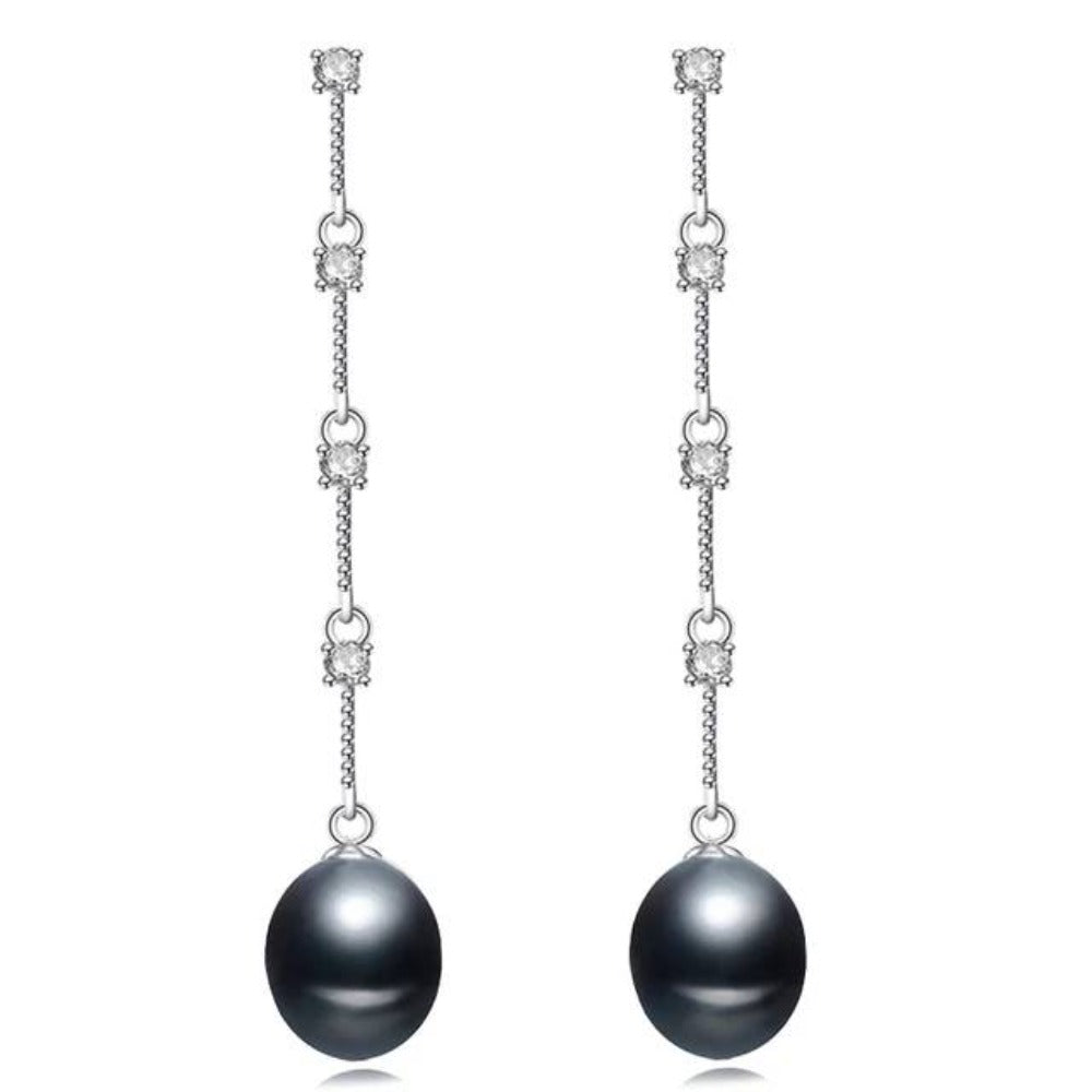 A pair of stunning dangle earrings featuring simulated diamonds and genuine freshwater pearls in various colors.
