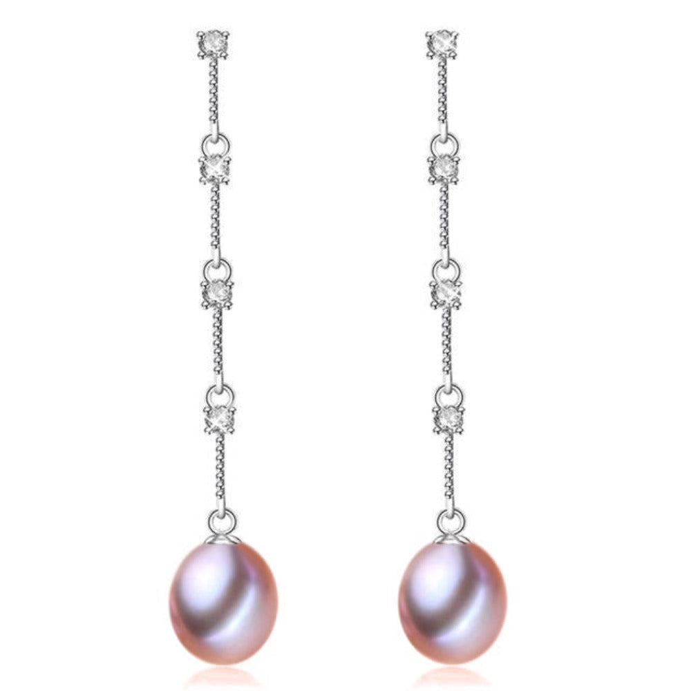 A pair of stunning dangle earrings featuring simulated diamonds and genuine freshwater pearls in various colors.