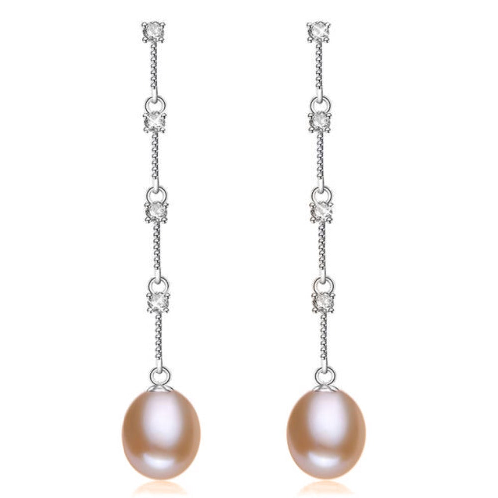 A pair of stunning dangle earrings featuring simulated diamonds and genuine freshwater pearls in various colors.