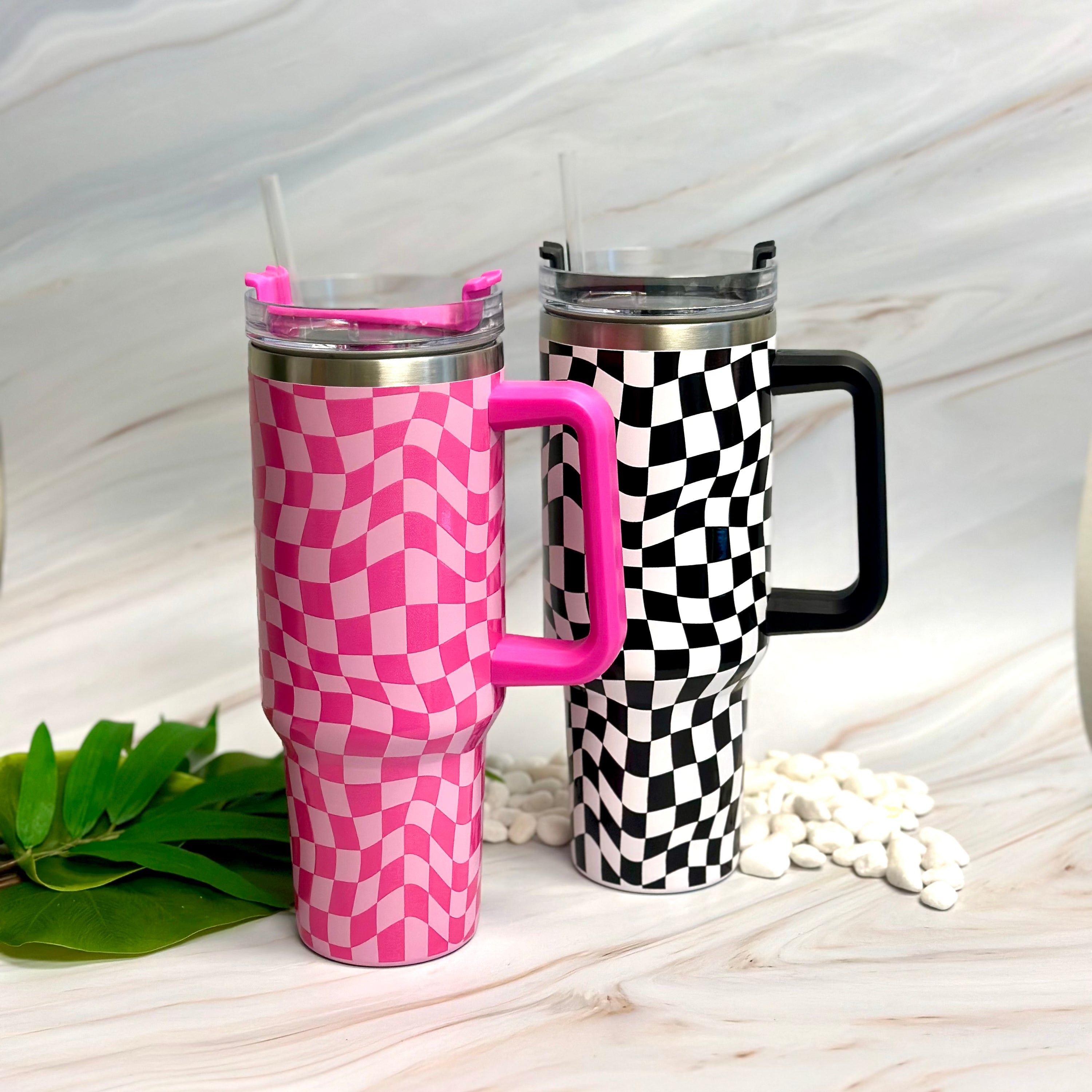 Stylish Checker Large Water Cup with Handle, featuring a trendy checker pattern, sturdy handle, and straw, perfect for hydration on the go.