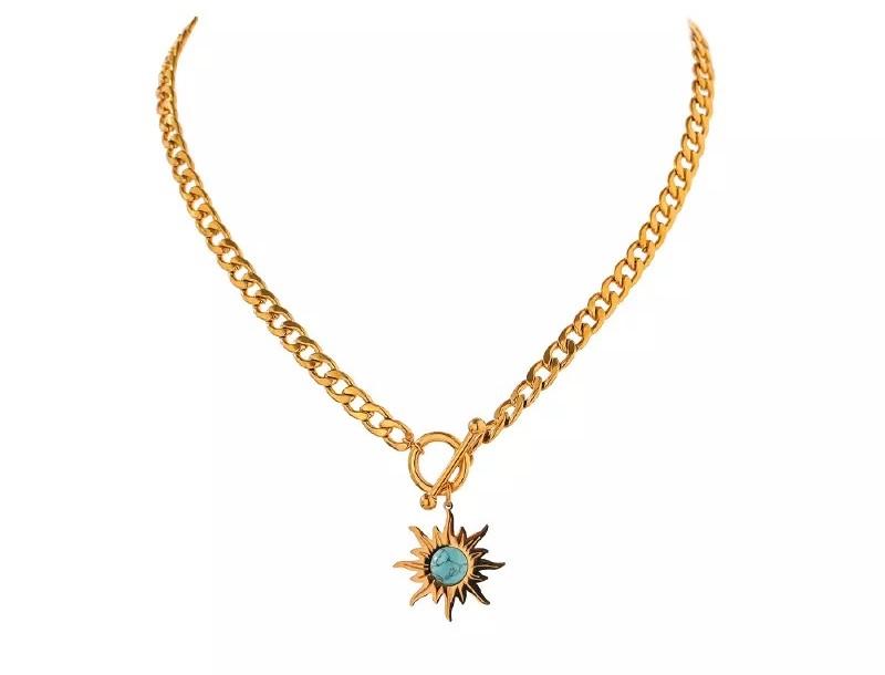 Elegant Sun Pendant Necklace featuring a turquoise stone on an anchor link chain, showcasing its 18K gold plated stainless steel finish.