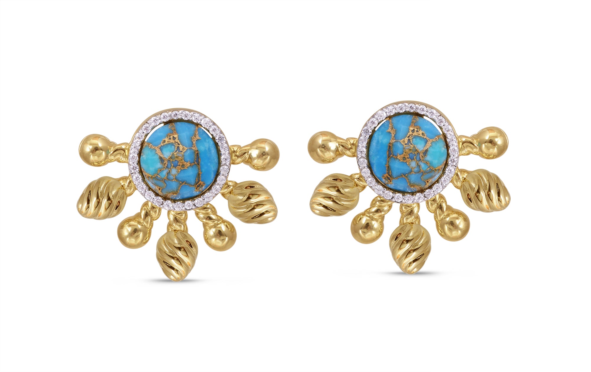 Sun-Day Turquoise & Diamond Half Sun Stud Earrings in 14K Yellow Gold featuring carved turquoise stones and sparkling diamonds.