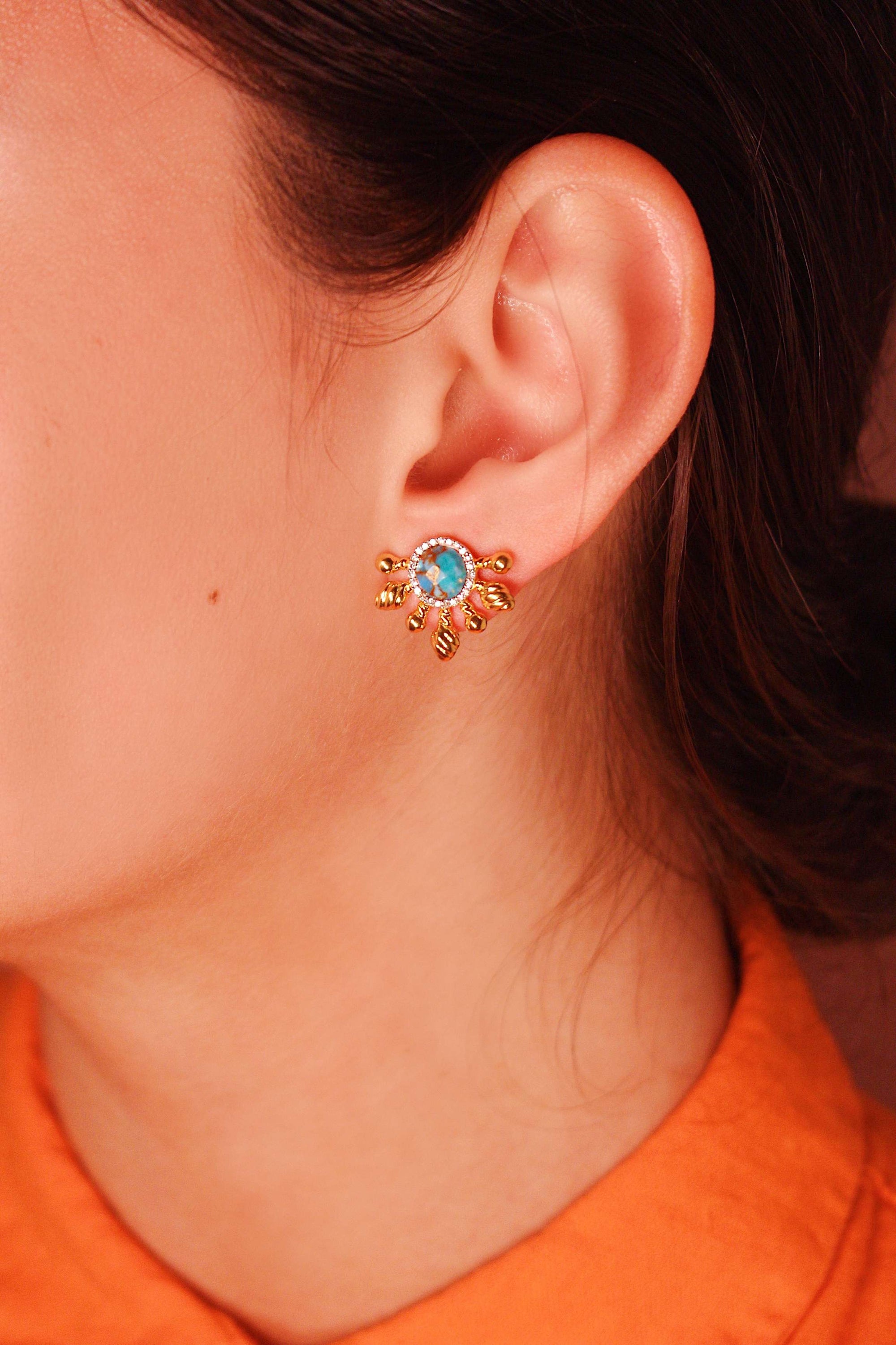Sun-Day Turquoise & Diamond Half Sun Stud Earrings in 14K Yellow Gold featuring carved turquoise stones and sparkling diamonds.