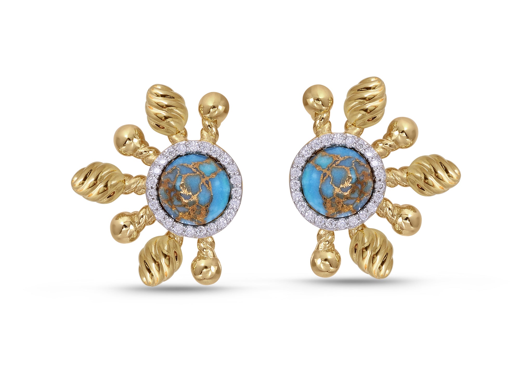 Sun-Day Turquoise & Diamond Half Sun Stud Earrings in 14K Yellow Gold featuring carved turquoise stones and sparkling diamonds.