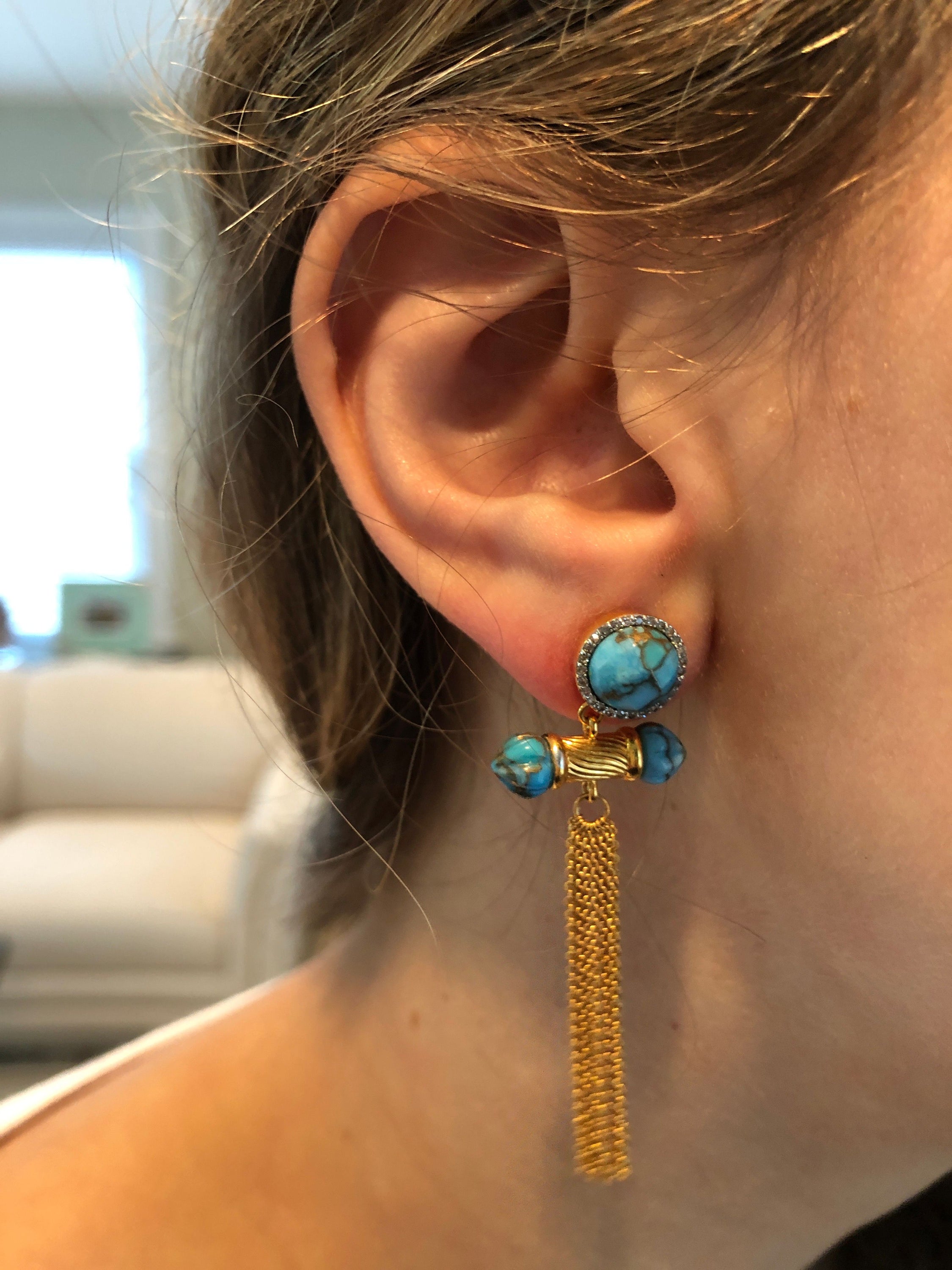 Sunkissed Turquoise & Diamond Fringe Earrings featuring carved turquoise stones and diamonds in 14K yellow gold plating.