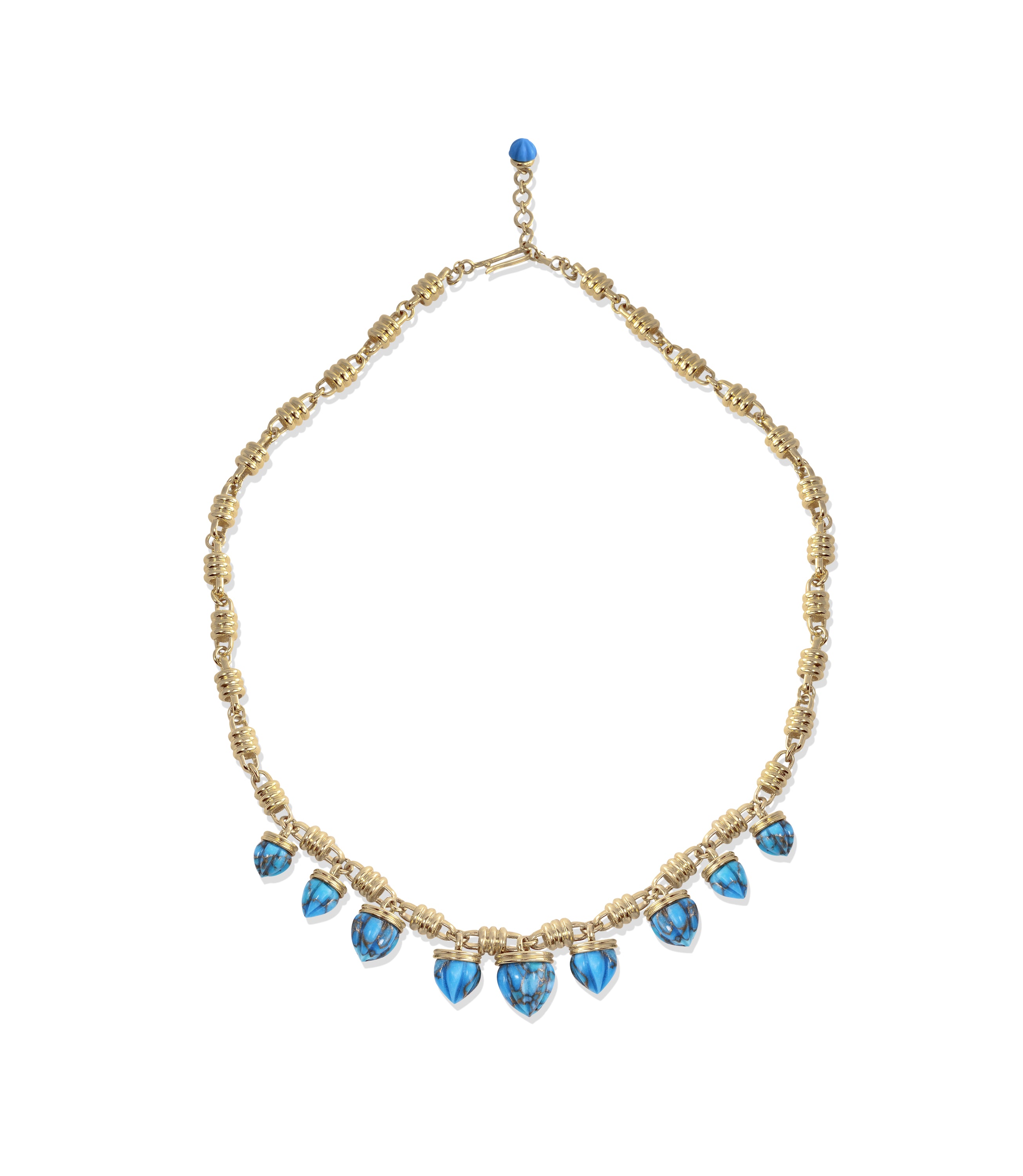 Sunshine Twist Turquoise Studded Necklace featuring carved turquoise stones and 14K yellow gold plating, elegantly displayed.