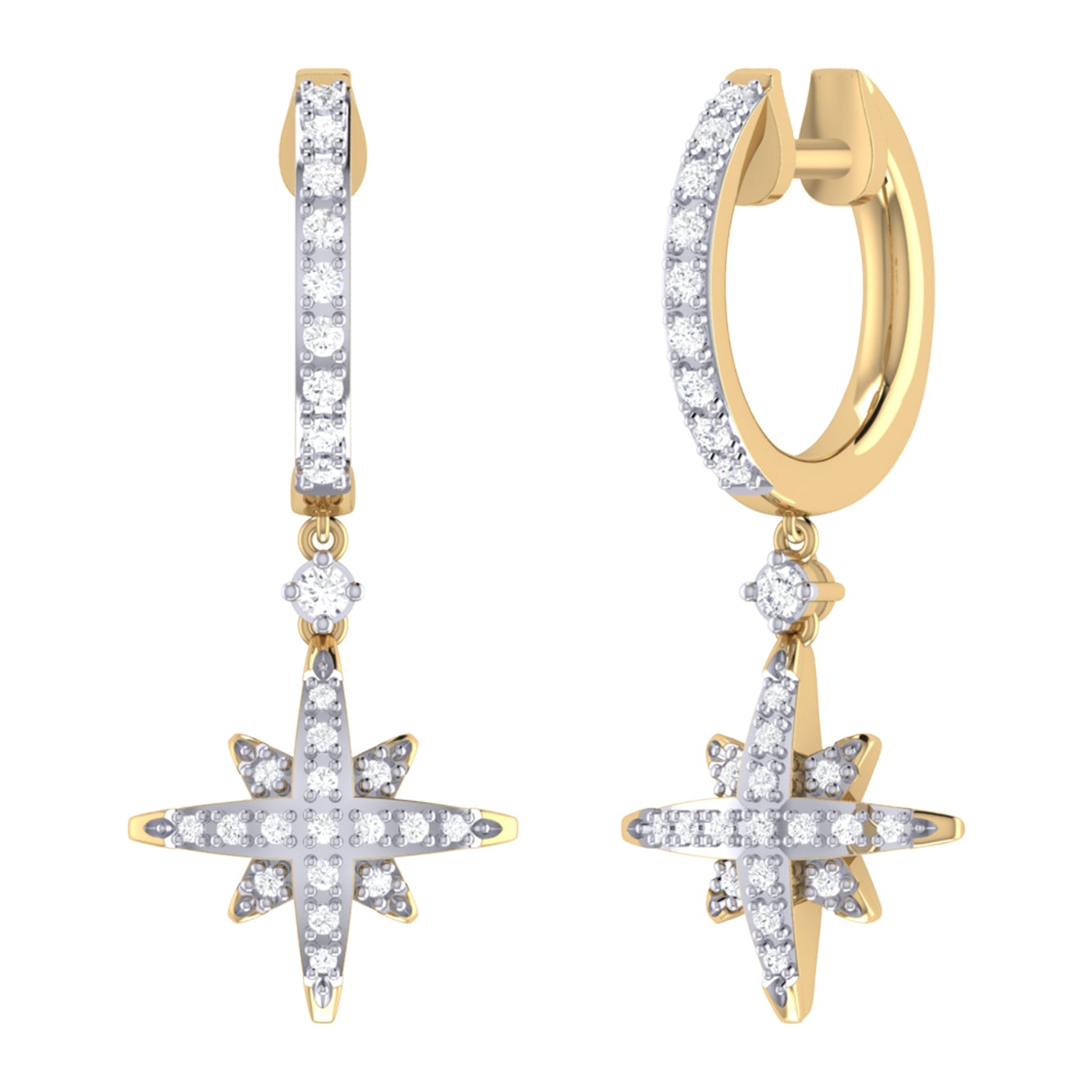 Elegant Supernova Diamond Hoop Earrings in 14K Yellow Gold Vermeil, showcasing genuine diamonds set in Sterling Silver.