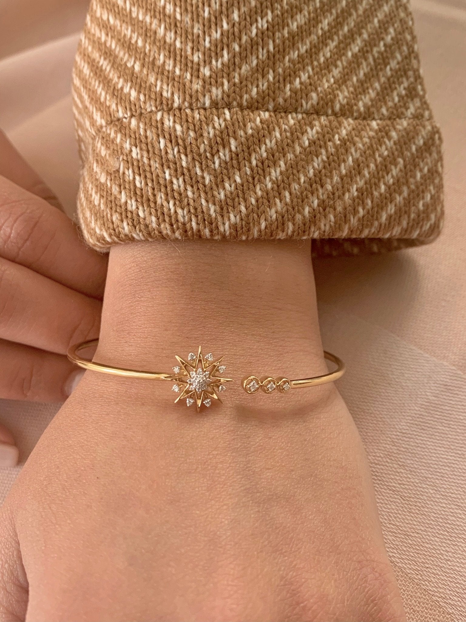 Supernova Star Adjustable Diamond Cuff in 14K Yellow Gold Vermeil featuring genuine diamonds and elegant design.