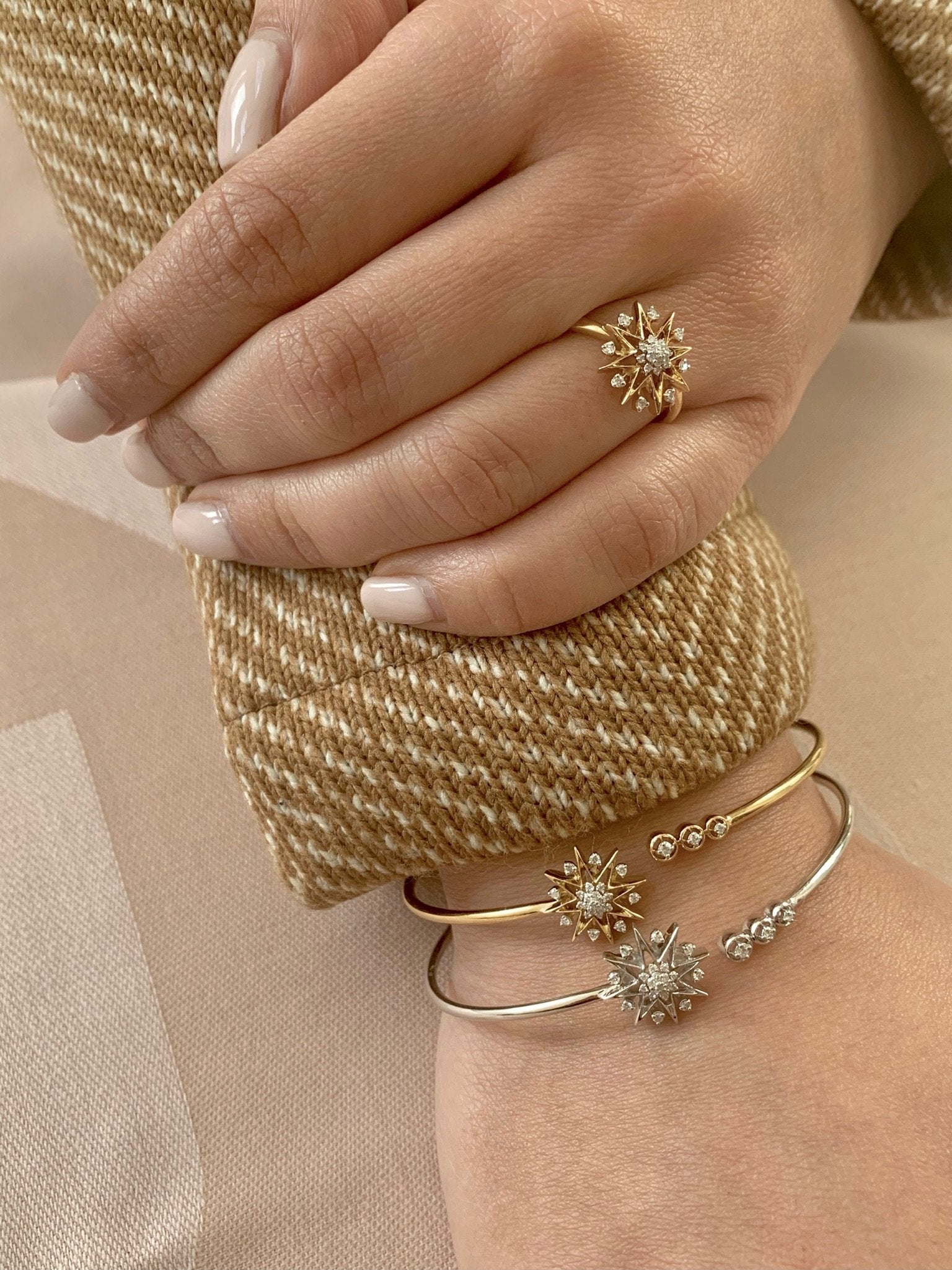 Supernova Star Adjustable Diamond Cuff in Sterling Silver featuring genuine diamonds, showcasing its elegant design and adjustable feature.