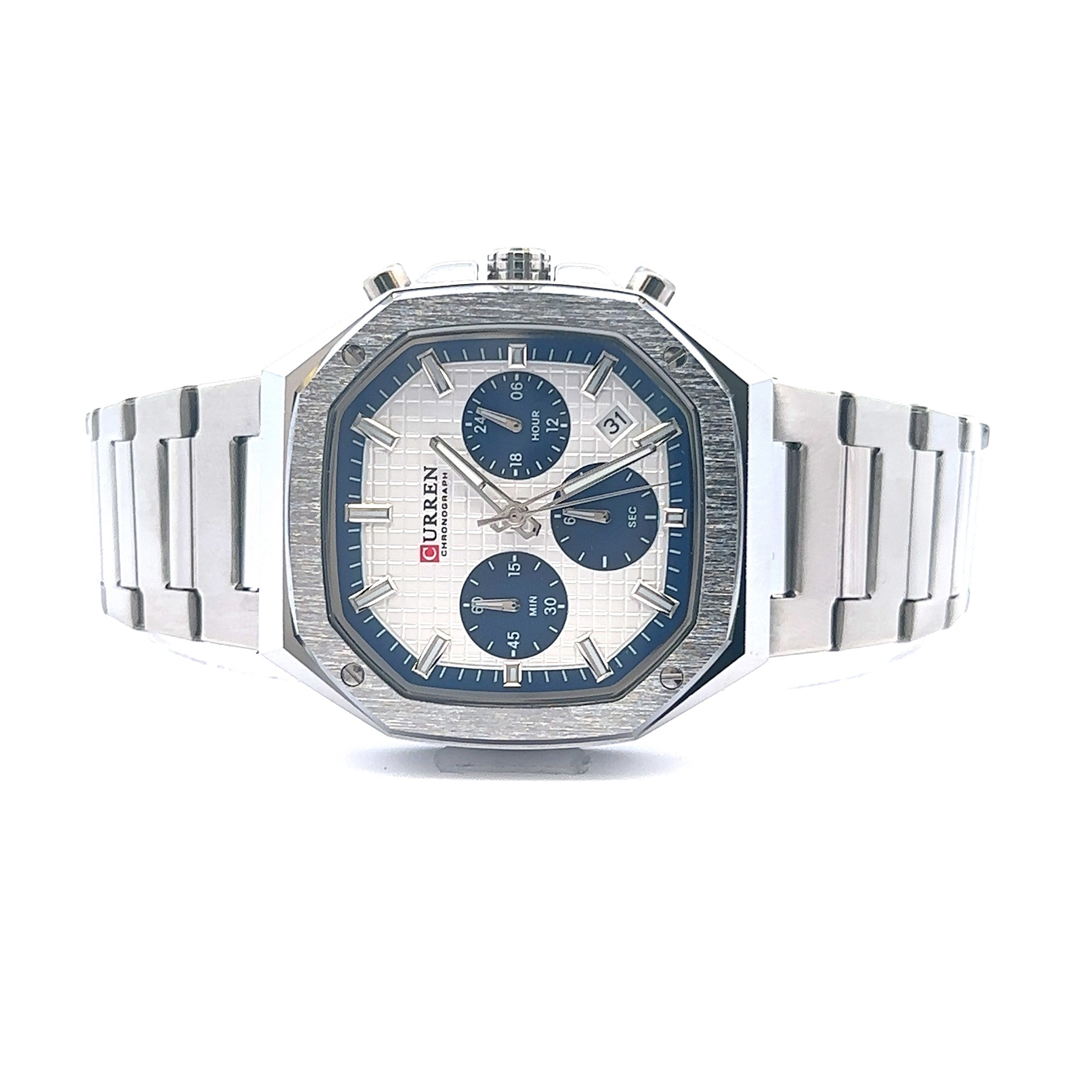 SURREPTITIOUS METAL BACK BLUE STAINLESS ICED OUT WATCH featuring sparkling crystals and a luxurious blue stainless steel finish.