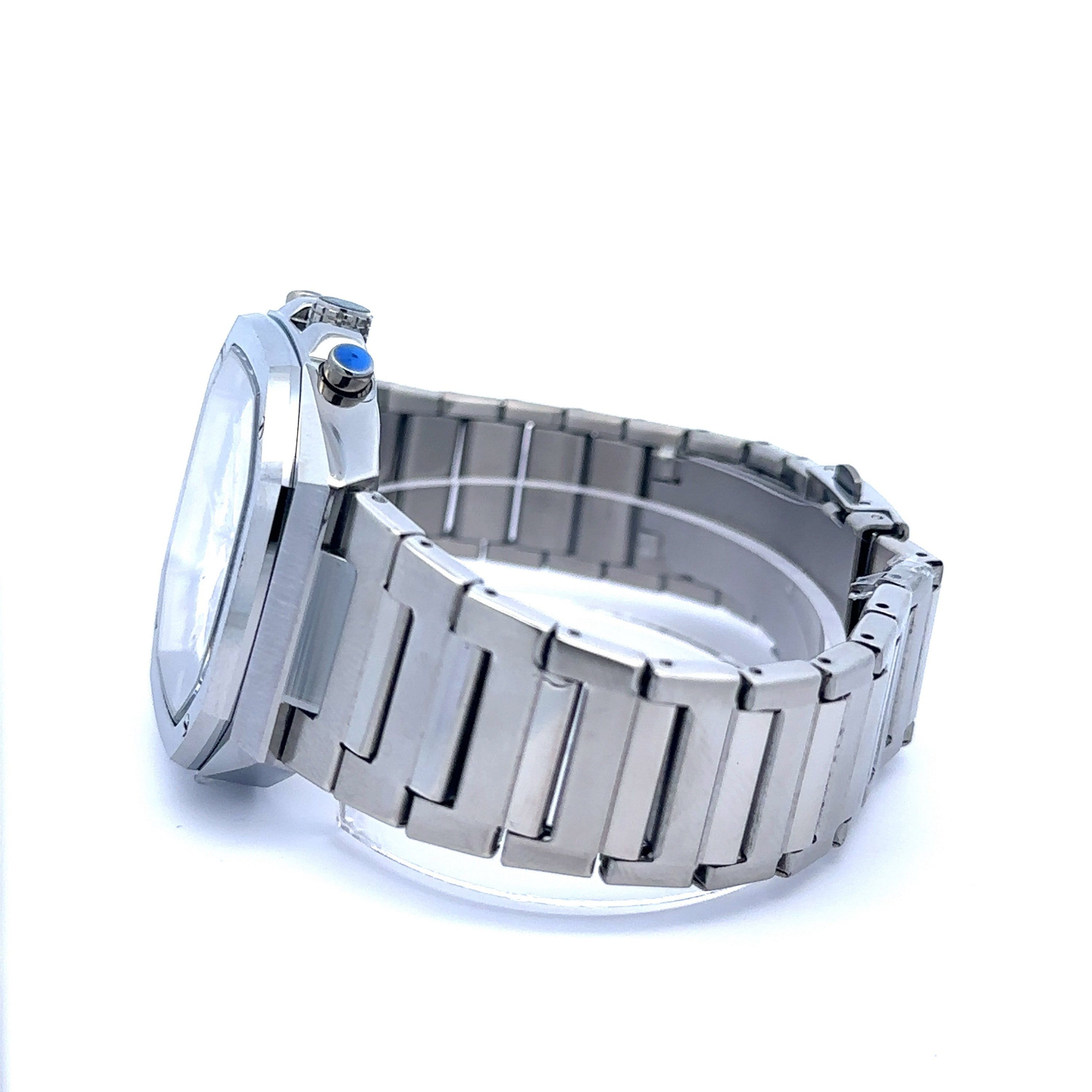 SURREPTITIOUS METAL BACK BLUE STAINLESS ICED OUT WATCH featuring sparkling crystals and a luxurious blue stainless steel finish.