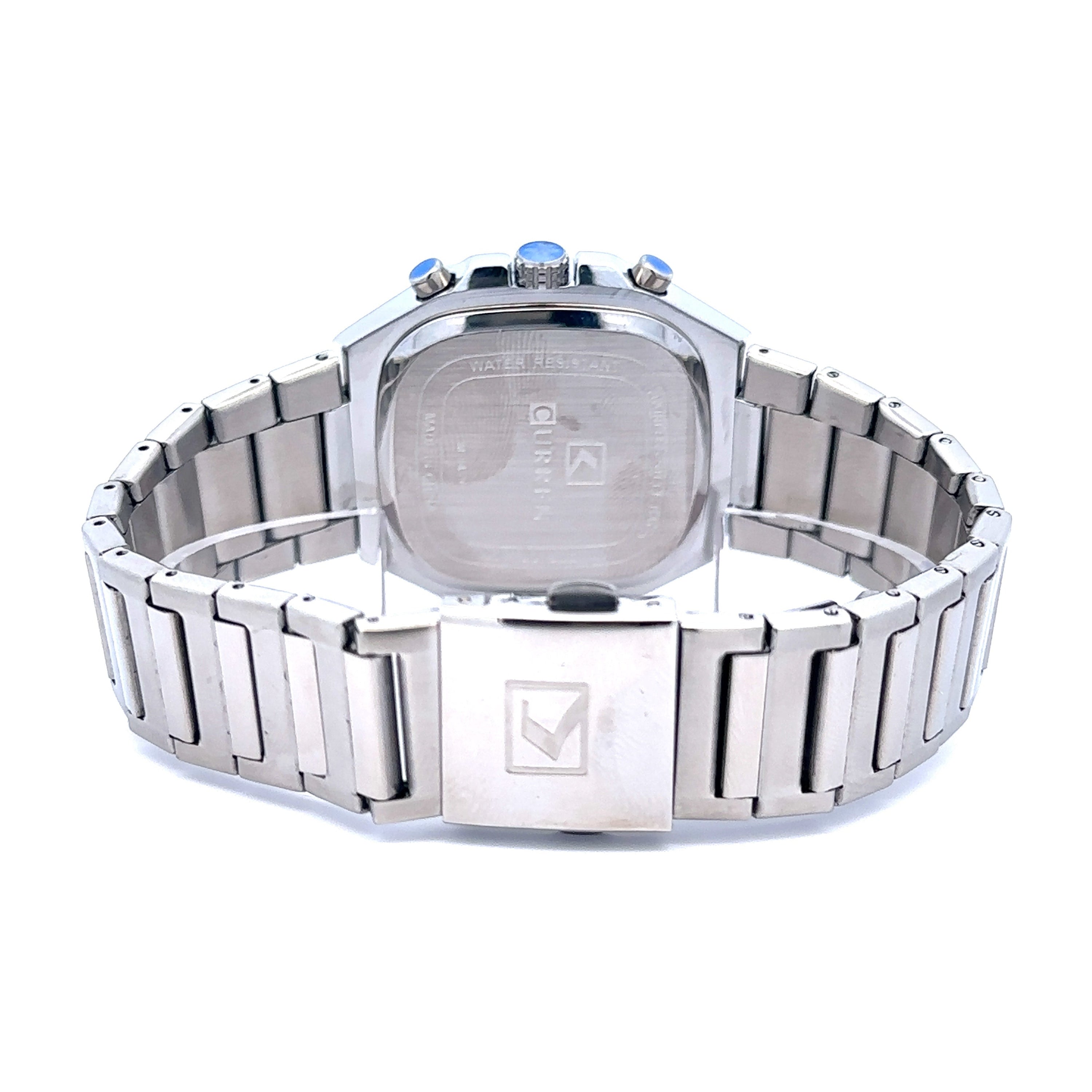 SURREPTITIOUS METAL BACK BLUE STAINLESS ICED OUT WATCH featuring sparkling crystals and a luxurious blue stainless steel finish.