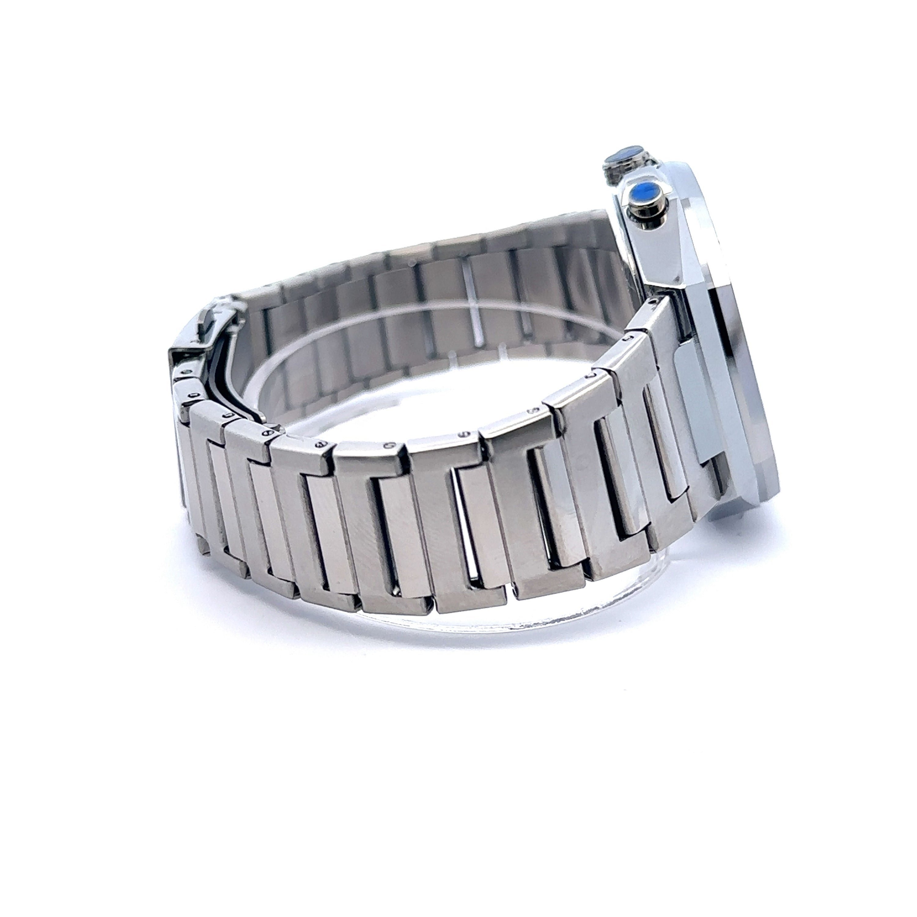 SURREPTITIOUS METAL BACK BLUE STAINLESS ICED OUT WATCH featuring sparkling crystals and a luxurious blue stainless steel finish.