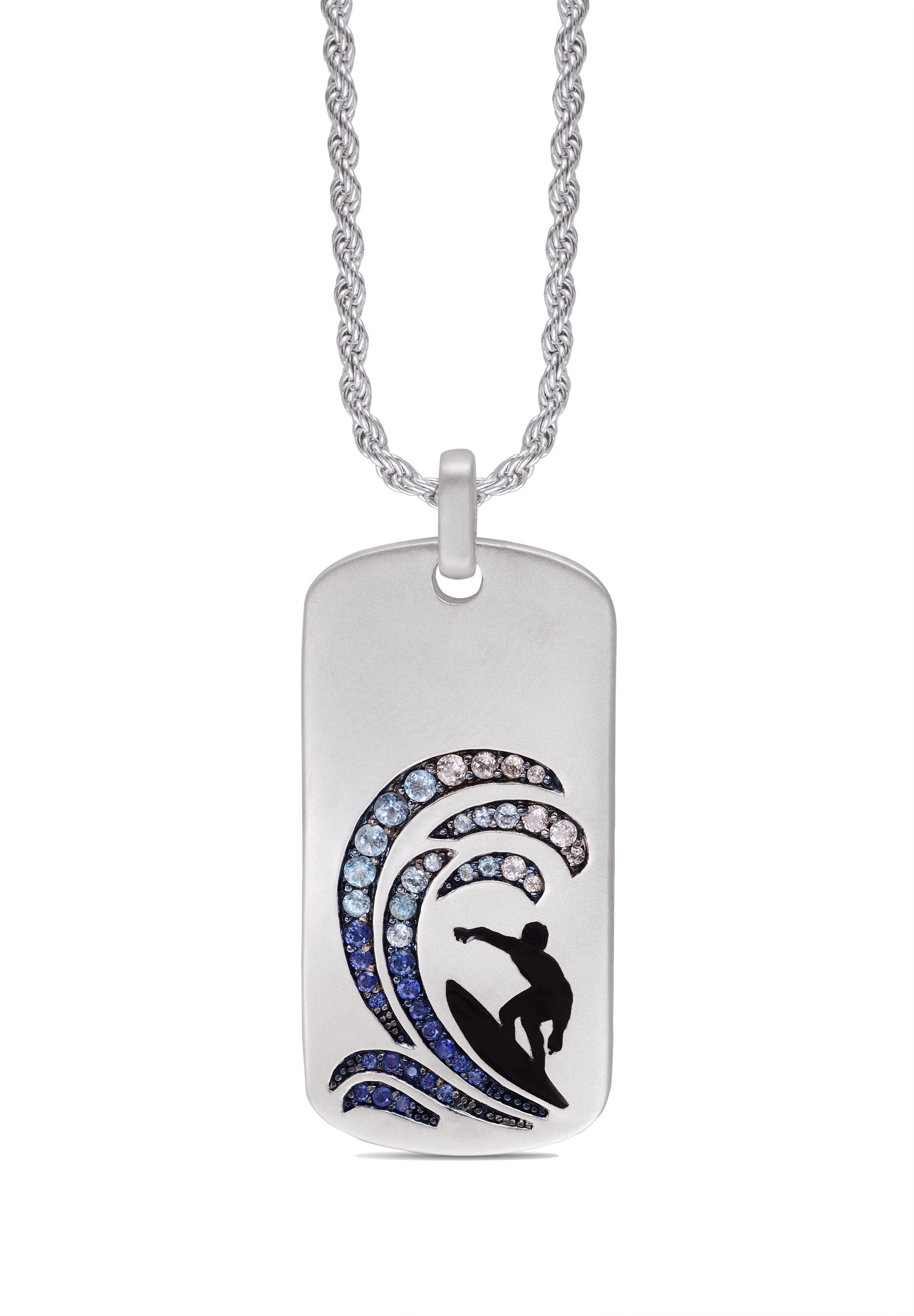 Surfer's Paradise Tag in sterling silver featuring blue sapphire and topaz stones, with a surfer silhouette design.