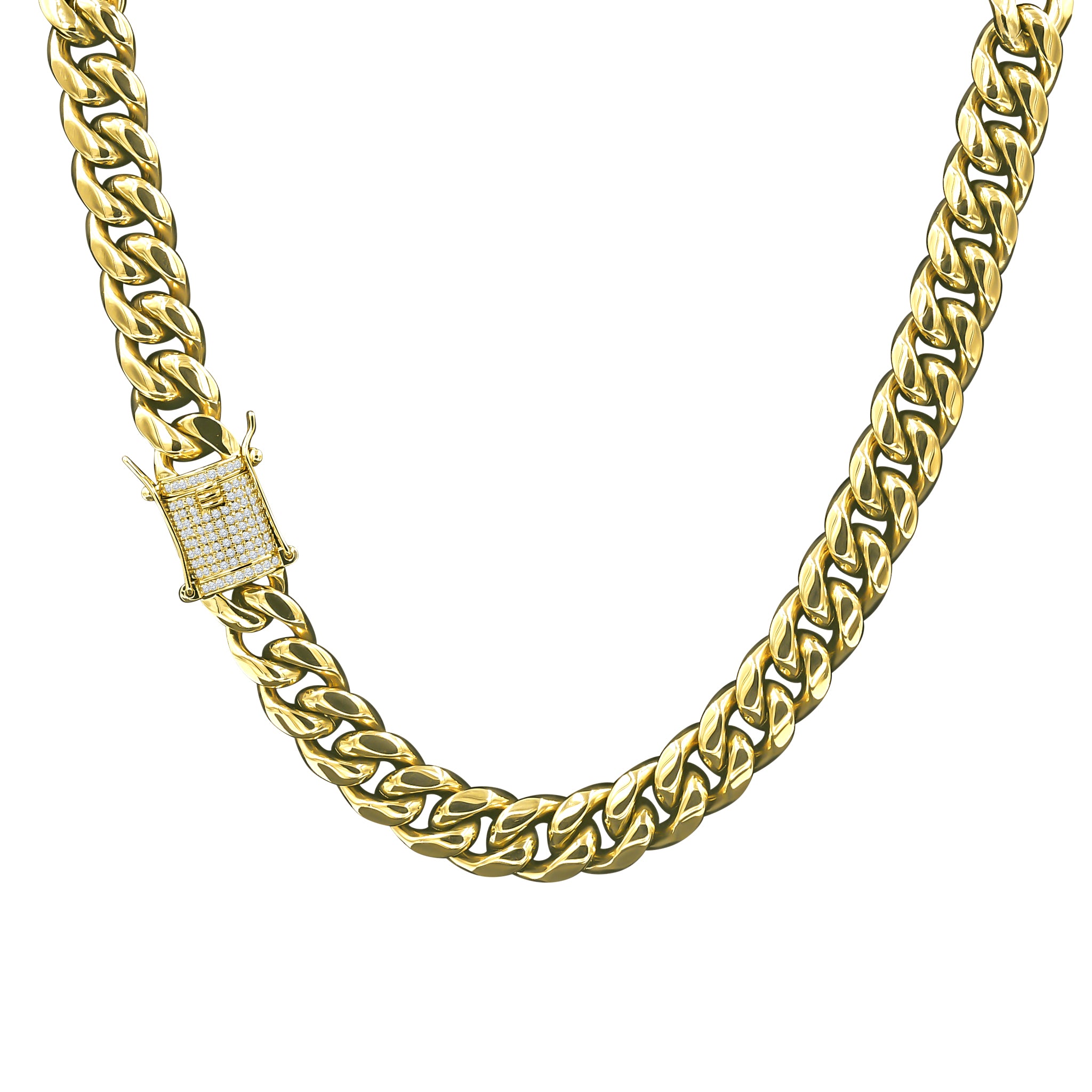 Swanky 12MM Cuban Chain featuring a bold design with AAA cubic zirconia, available in multiple lengths.