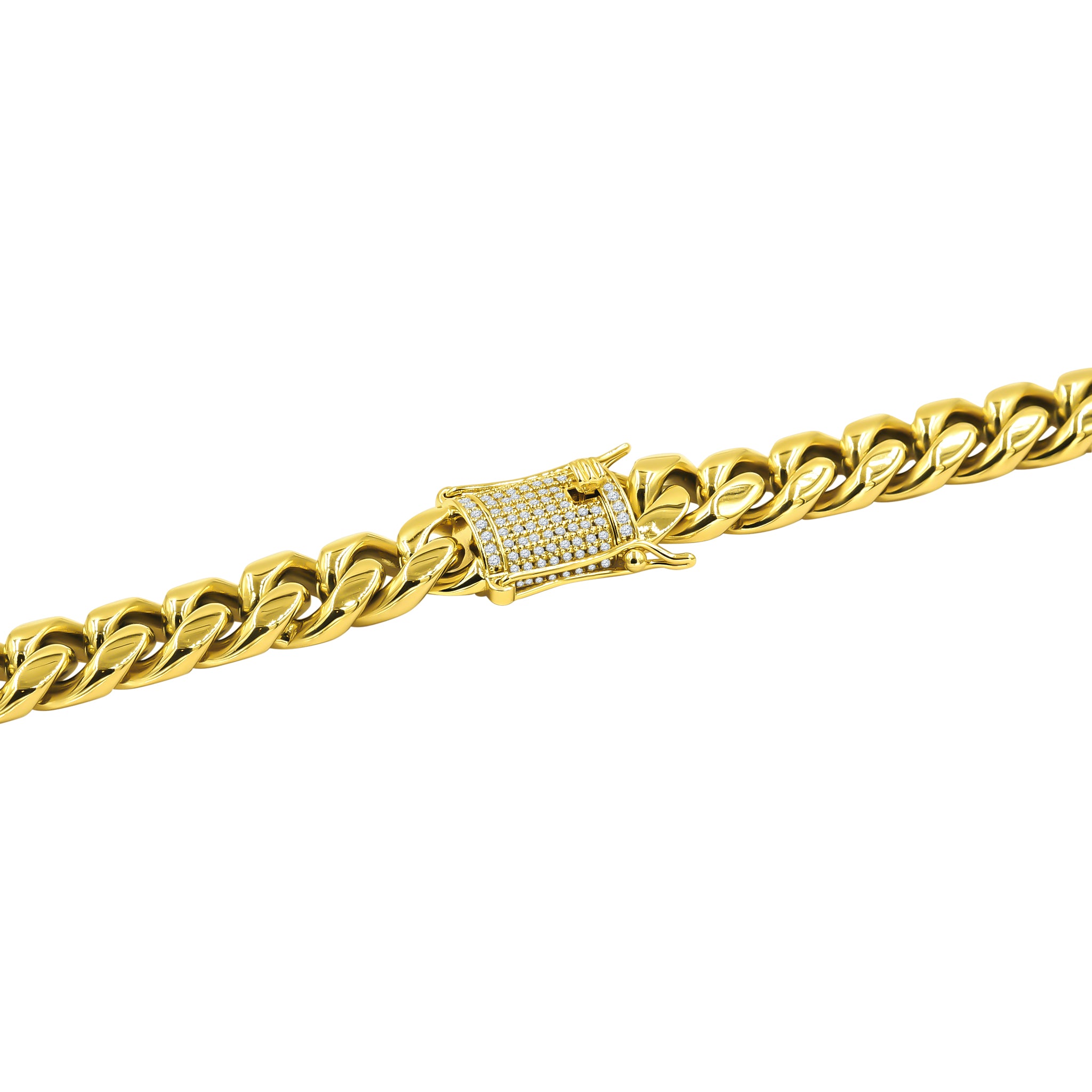 Swanky 12MM Cuban Chain featuring a bold design with AAA cubic zirconia, available in multiple lengths.