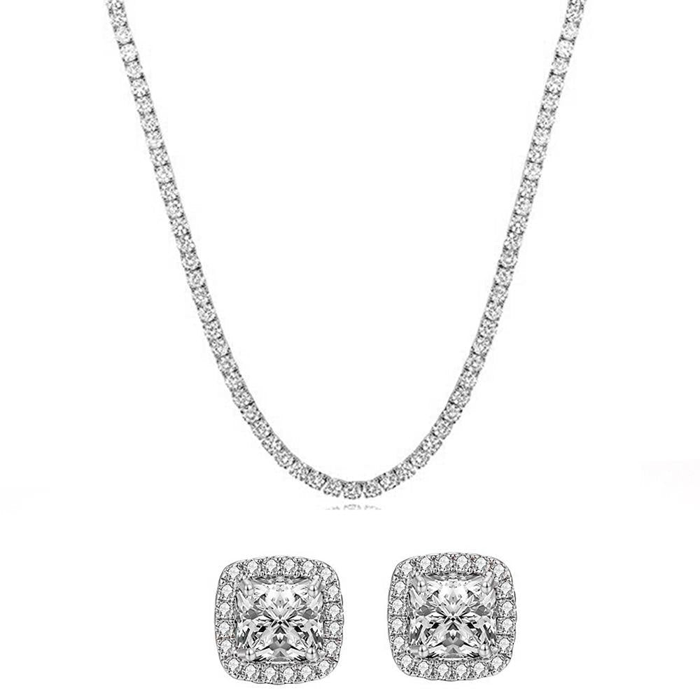 Swarovski Elements Tennis Necklace and Princess Halo Earring Set in 18K white gold plating, elegantly displayed in a luxe gift box.