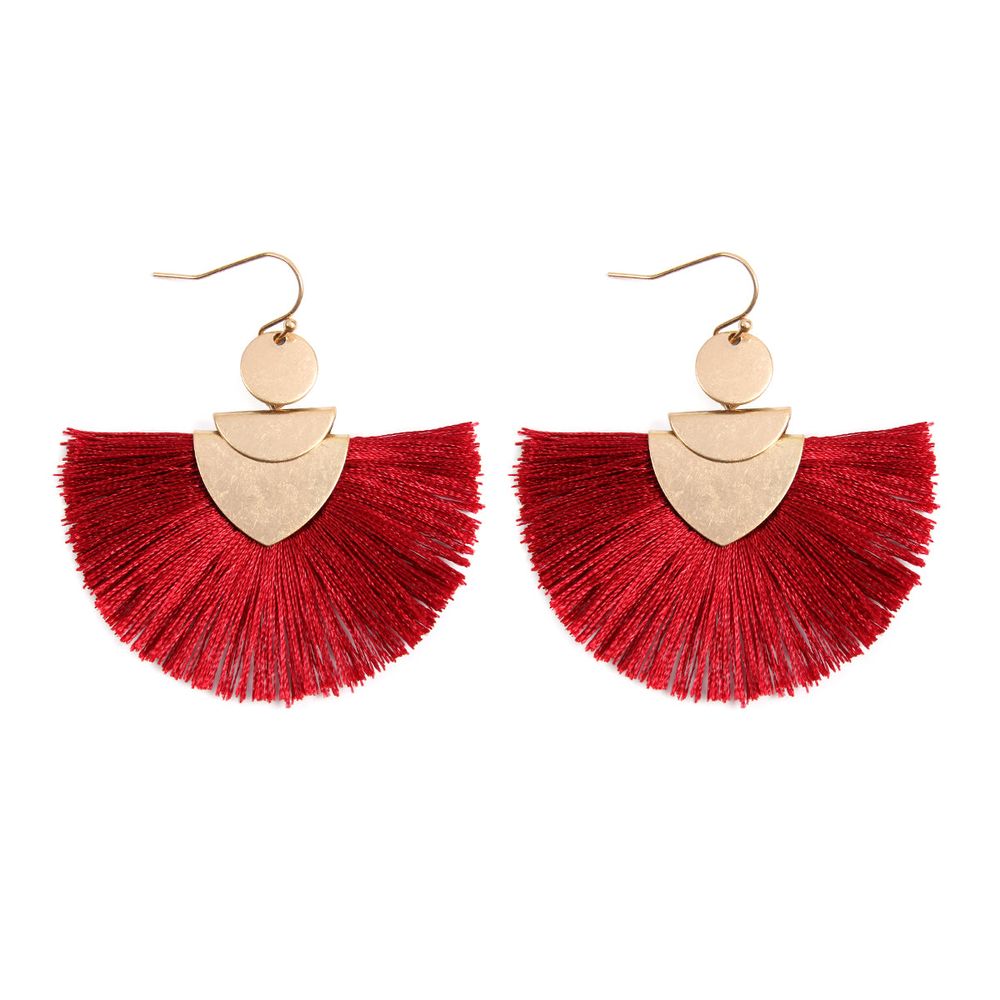 Colorful tassel hook earrings by DOBBI, featuring a stylish design with a 2-inch drop length and vibrant tassels.