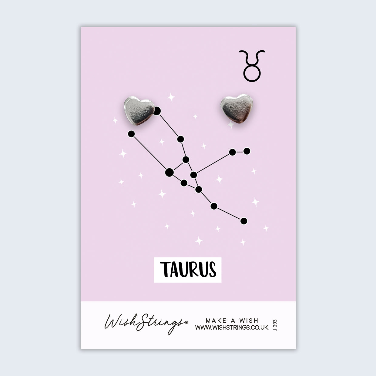 A pair of silver heart stud earrings designed for Taurus star sign, crafted from hypoallergenic 304 stainless steel, elegantly presented on a gift card.