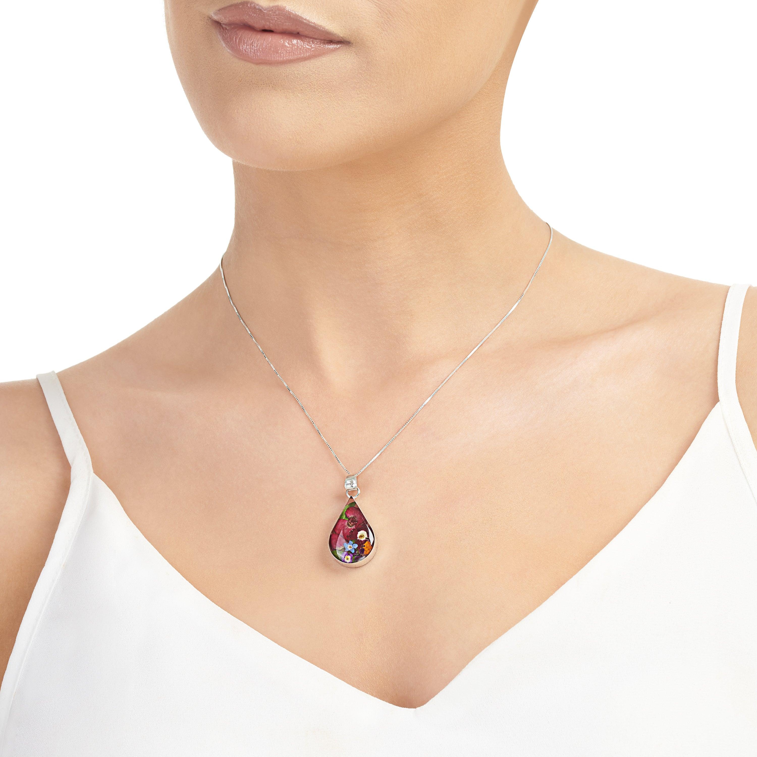 Teardrop Flower Pendant Necklace featuring real flowers in sterling silver, showcasing a delicate arrangement of miniature rose, forget-me-nots, and purple verbena.