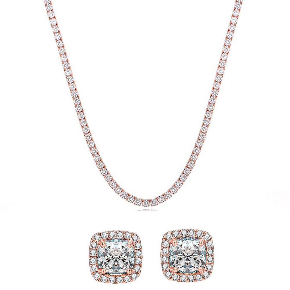 Elegant Tennis Necklace and Princess Halo Earring Set in 18K rose gold with Austrian crystals, displayed in a luxe gift box.