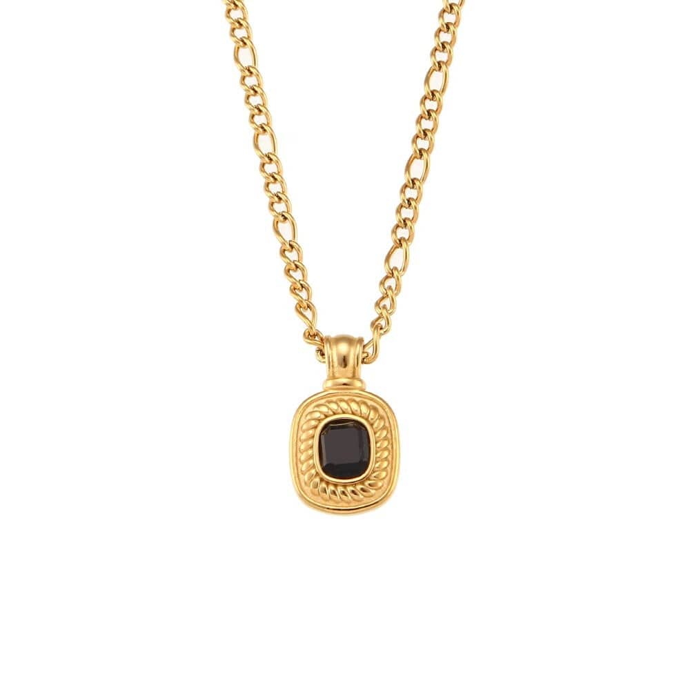 Teoma Black Crystal Vintage Box Chain Necklace featuring sparkling black crystals and a gold chain, showcasing its elegant design.